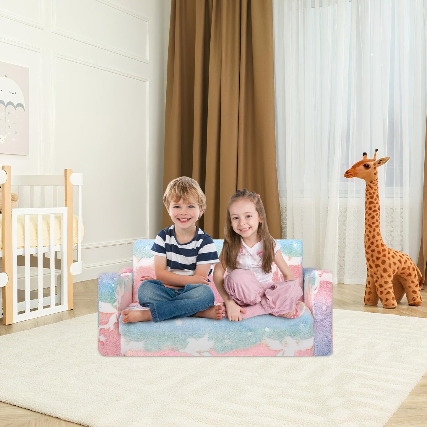 Children's Sofa Fold-Out 2-in-1, Extra Large Children's Sofa Glows in the Dark with Sleep Function, Children's Chair for Children's Room, Playroom, Astronauts