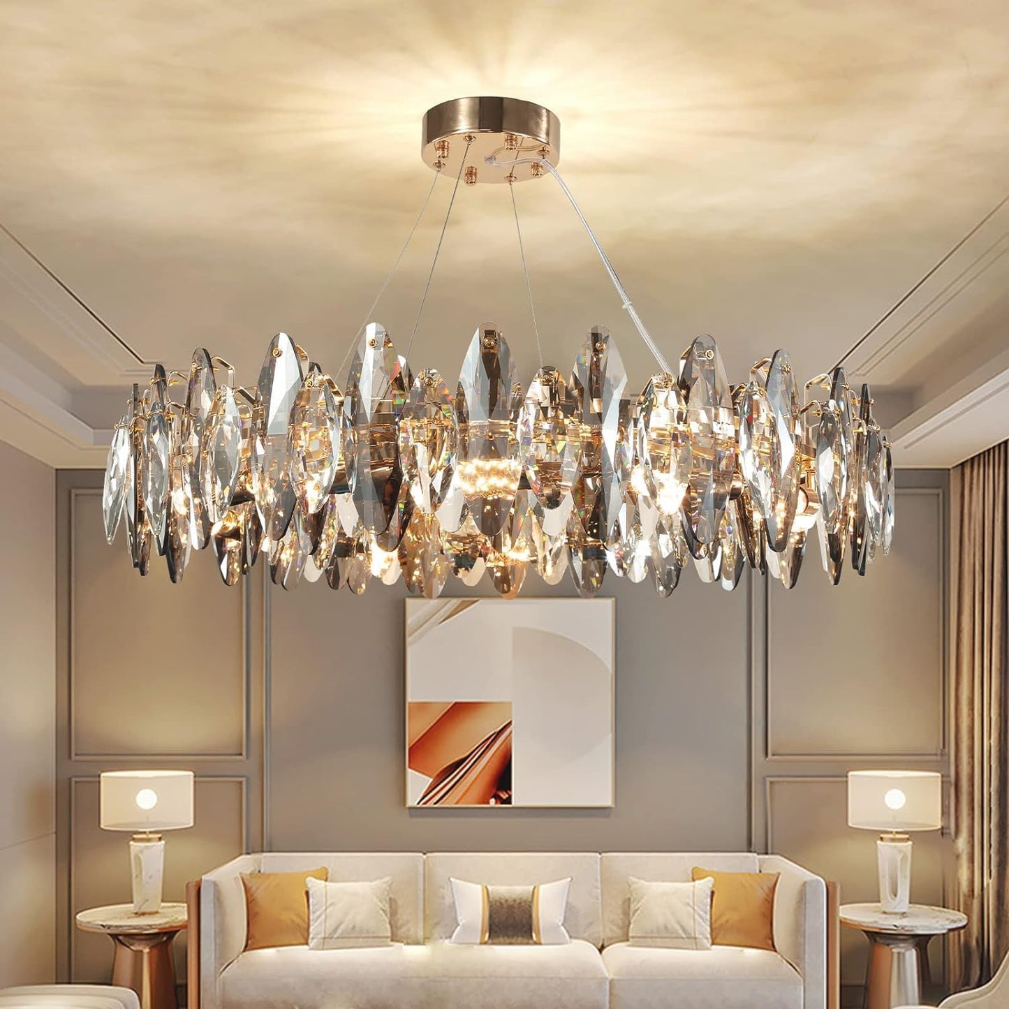 AHXIAOZN Modern LED Kristall Kronleuchter Luxus,Funkelnder Eiförmiger Kristall Deckenleuchte Gold,9xE14 Wohnzimmer Pendelleuchte,8-Flammig