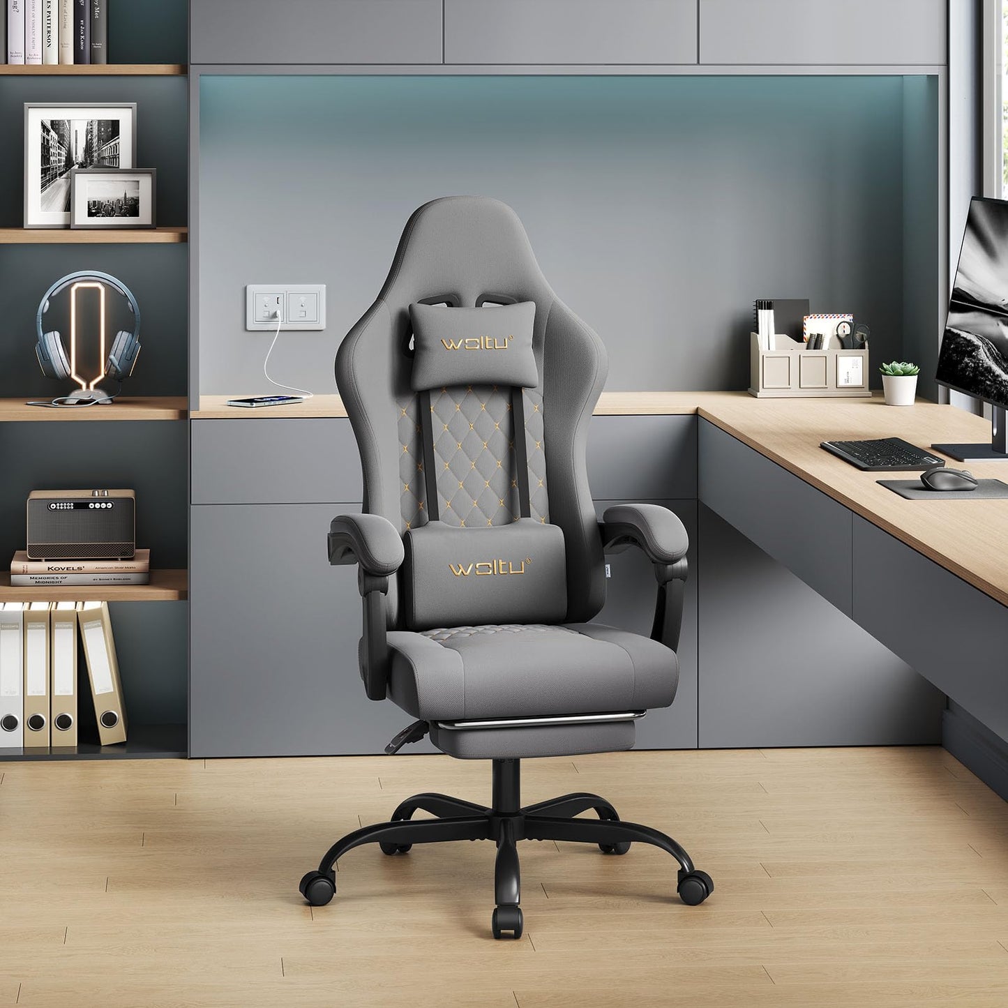 WOLTU Gaming Stuhl mit Massagefunktion, Computerstuhl Ergonomisch, Taschenfederkissen, Lendenmassage, Kopfkissen, Fußstütze, Drehstuhl, 150 kg, Netzstoff, Rosa+Weiß