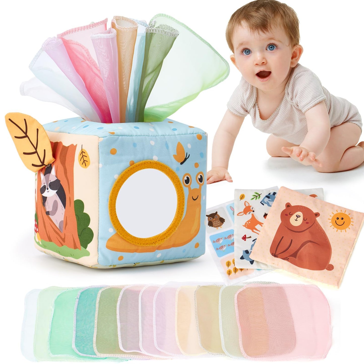 hahaland Baby Spielzeug 6 12 Monate Tissue Box, Montessori Toy Sensorik motorik Spielzeug, Stofftücher Kontrastreiche Farben Lernen Sensorische Spielzeug für Jungen Mädchen Geschenke