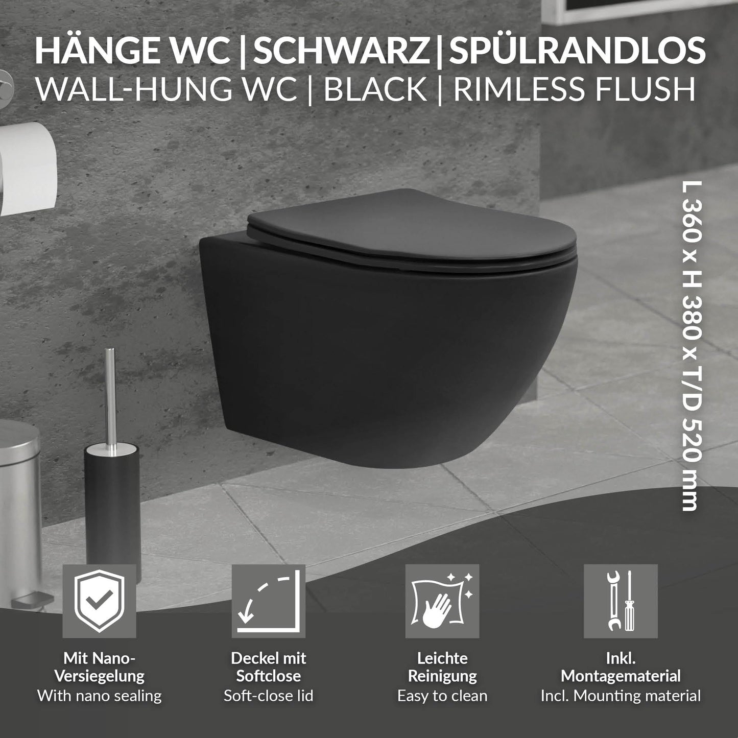 ECD Germany Rimless Wall-Mounted Toilet Ceramic White Matt with Nano Coating, Wall Toilet Long 52 cm, Removable Toilet Seat Made of Duroplast Soft Close Mechanism, Deep Washdown with Lotus Effect