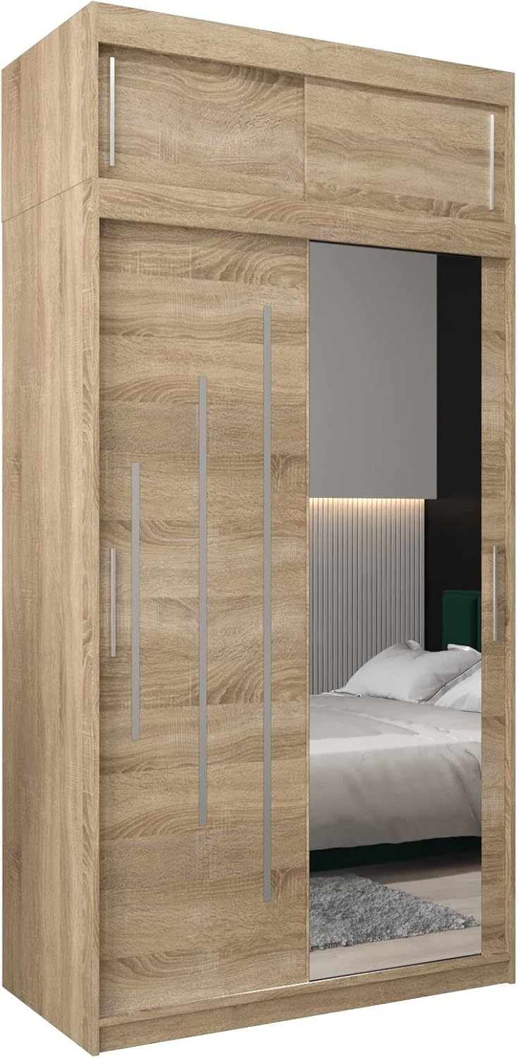 MEBLE KRYSPOL Kleiderschrank mit Spiegel York 2 - Garderobenschrank - Schrank Schlafzimmer - Mehrzweckschrank Zwei Schiebetüren - Regalen - Flur Möbel - Kleiderstange Schrank - Allzweckschrank