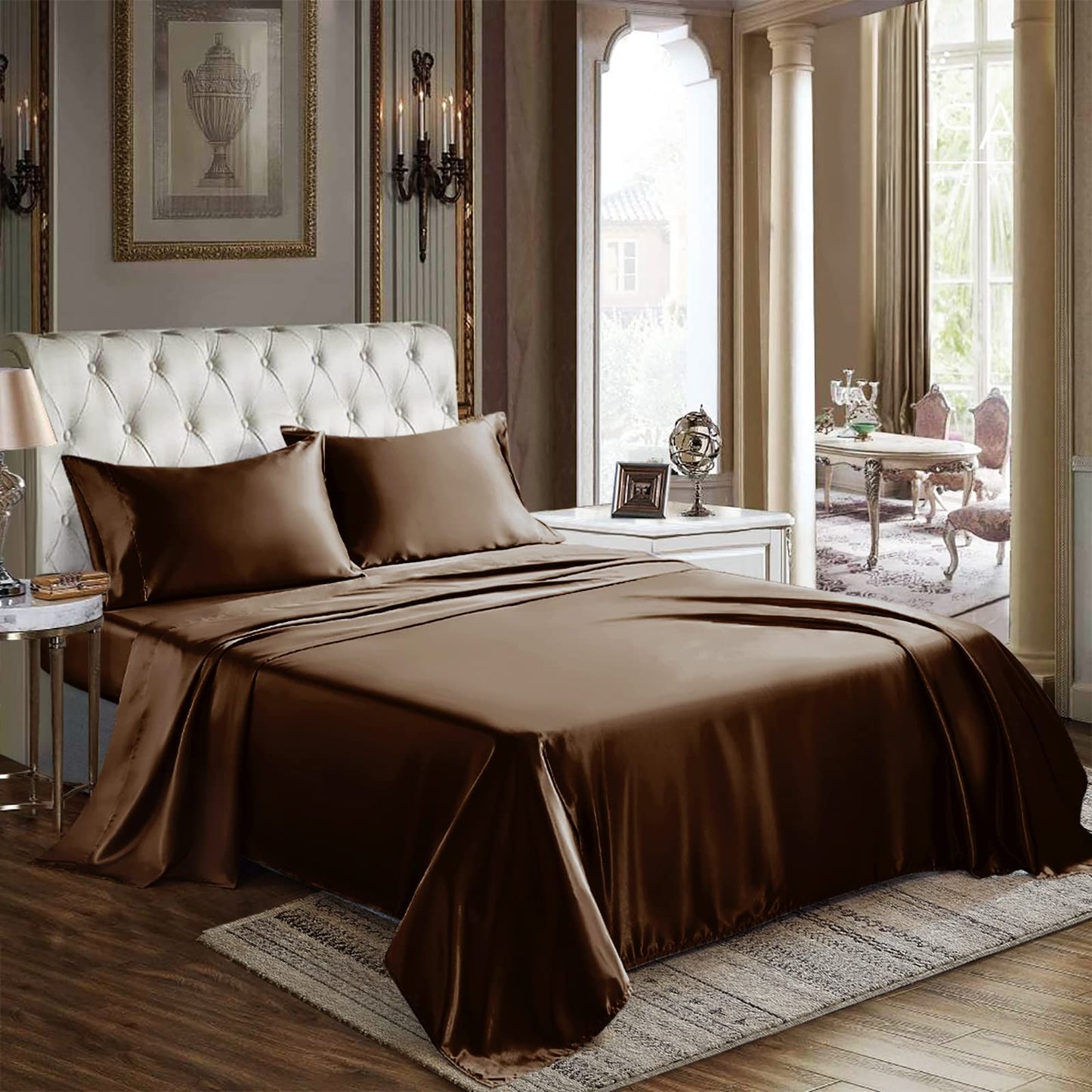 CozyLux Satin Sheets Queen Size - 4 Piece Black Bed Sheet Set with Silky Microfiber, 1 Deep Pocket Fitted Sheet, 1 Flat Sheet, and 2 Pillowcases - Smooth and Soft