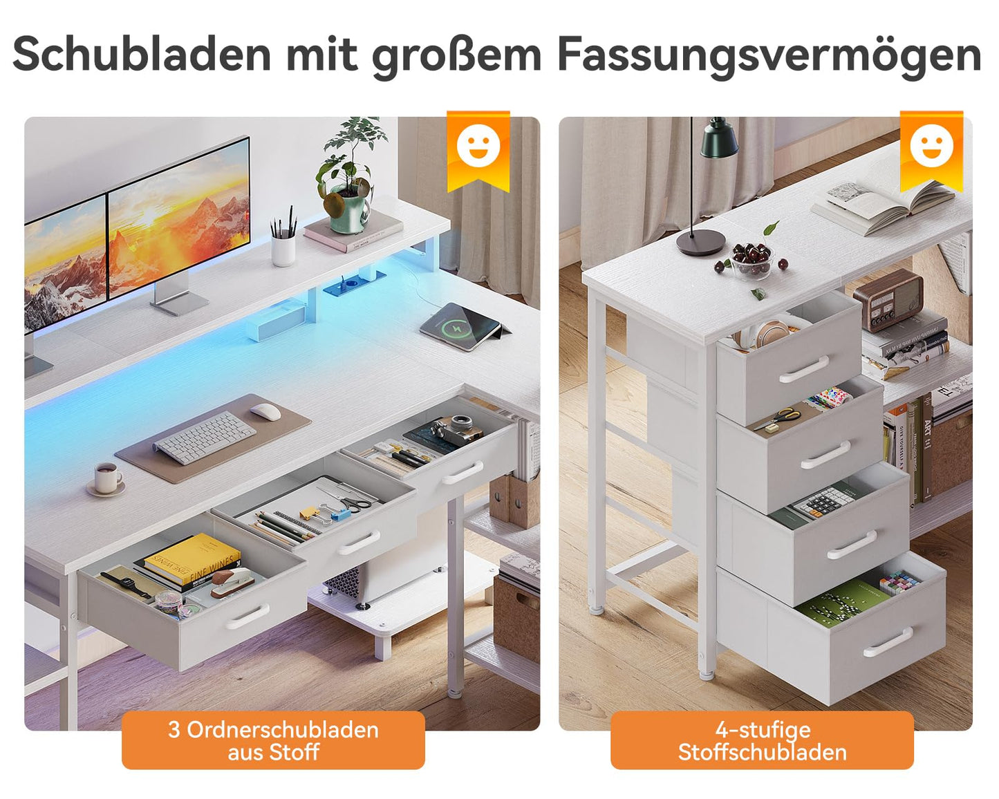 Coleshome Gaming Tisch mit 7 Schubladen & Großzügigem Stauraum, Eckschreibtisch mit RGB LED, Reversibler Schreibtisch L Form mit 2 Steckdosen, Ideal für Büro & Gaming, 179.5×135.5cm, Weiß