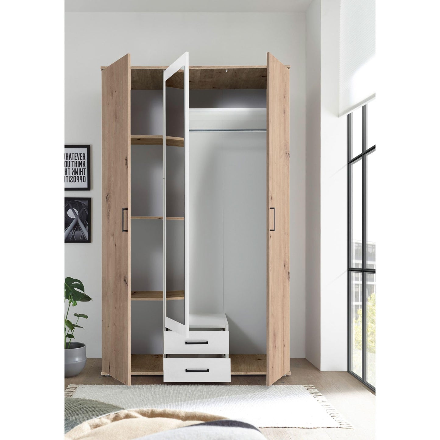 Stella Trading CHICAGO Eleganter Kleiderschrank mit viel Stauraum - Vielseitiger Drehtürenschrank in Artisan Eiche Optik und Absetzungen in Anthrazit - 156 x 197 x 54 cm (B/H/T)
