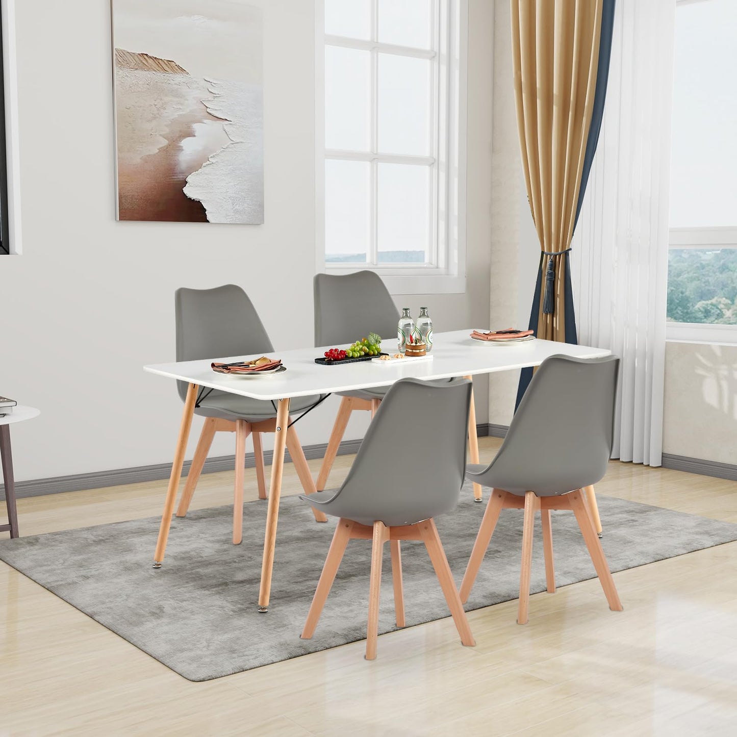 H.J WeDoo Esszimmergruppe mit 4 Essstühlen, Rechteckig Esstisch und Stühle für Esszimmer, Küche, Wohnzimmer, Weißer Esstisch und Graue Stühle