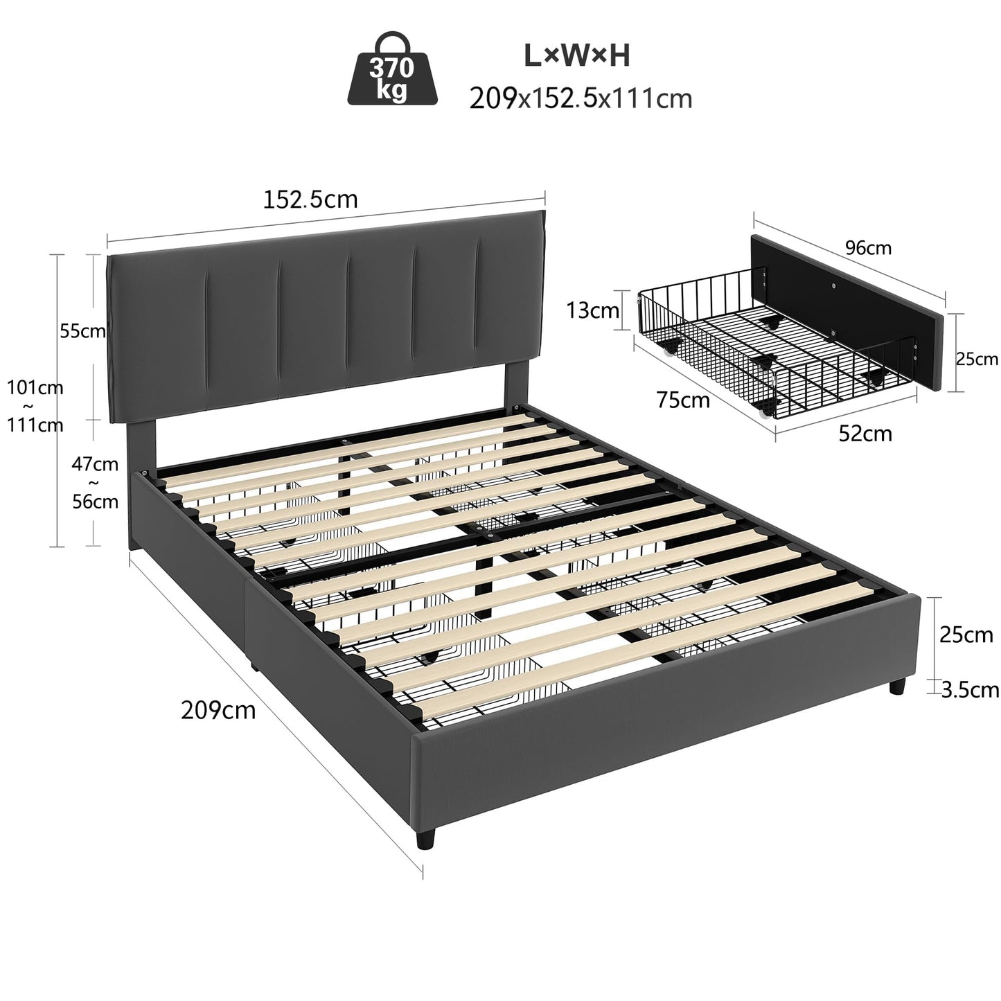VECELO Upholstered Bed 140 x 200 cm Double Bed with 4 Storage Drawers and Height-Adjustable Headboard, Padded Bed Frame with Slatted Frame and Storage Space, Velvet, Without Mattress, Grey