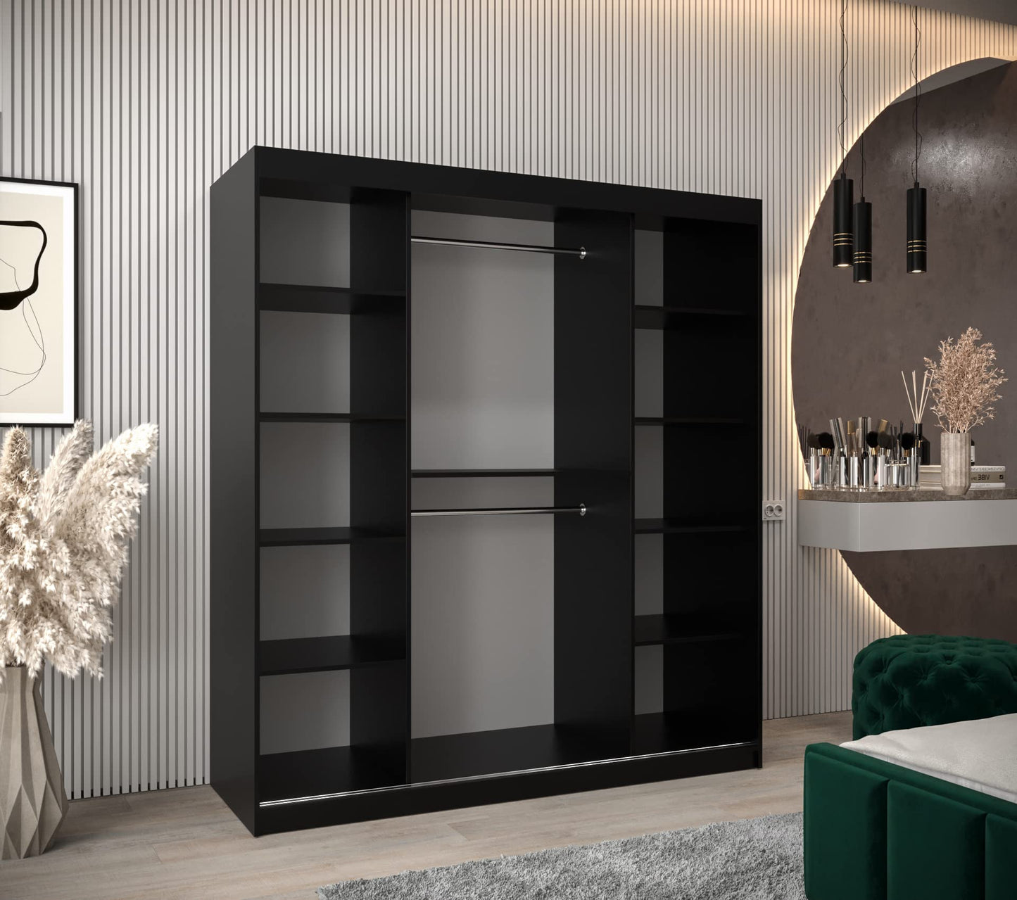 MEBLE KRYSPOL Dome 2 Schrank mit DREI Schiebetüren mit Spiegel, Stangen und Regalen - Aufbewahrungsschrank mit Rauchglas für Schlafzimmer, Wohnzimmer - 200x250x62cm - Schwarz, Schwarz, Schwarz