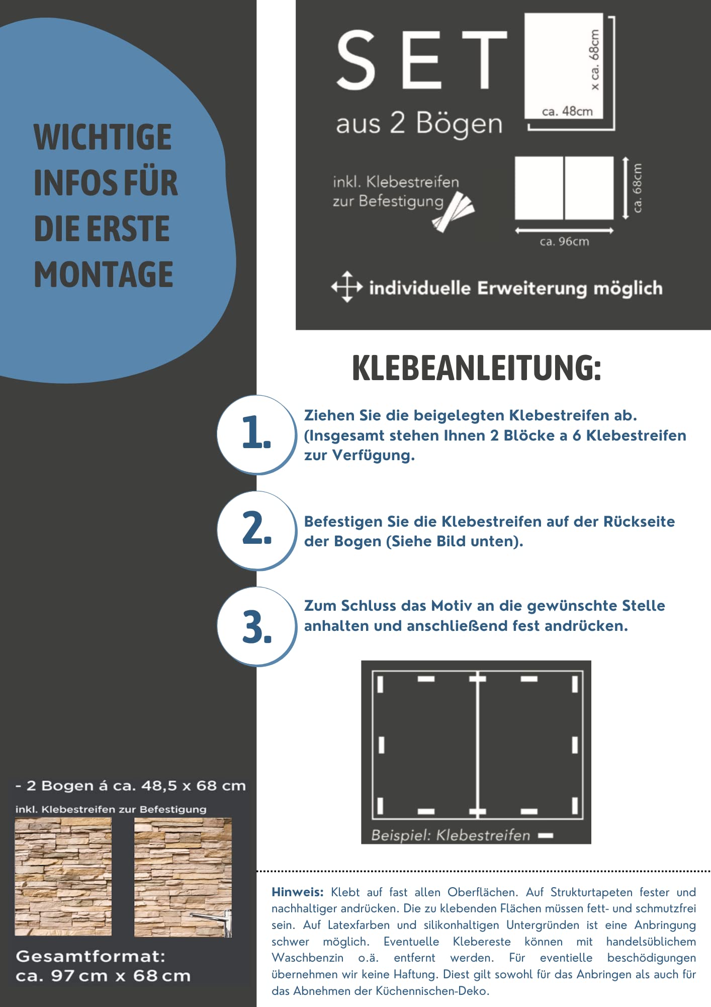 KLINOO Küchenrückwand aus Folie in Steinoptik als Spritzschutz - zuschneidbar und erweiterbar - 97cm x 68cm (Naturstein beige)