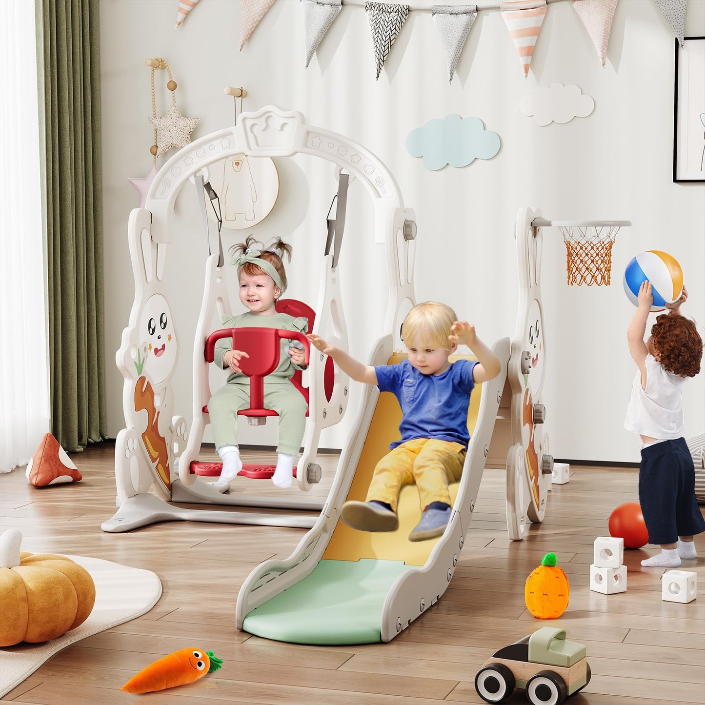 BestAlice 4 in 1 Kinderrutsche Set für Outdoor und Innen, Spielplatz mit Schaukel, Basketballkorb, Kletterleiter, Indoor- und Outdoor-Spielset, 18 Monate + (Blau)