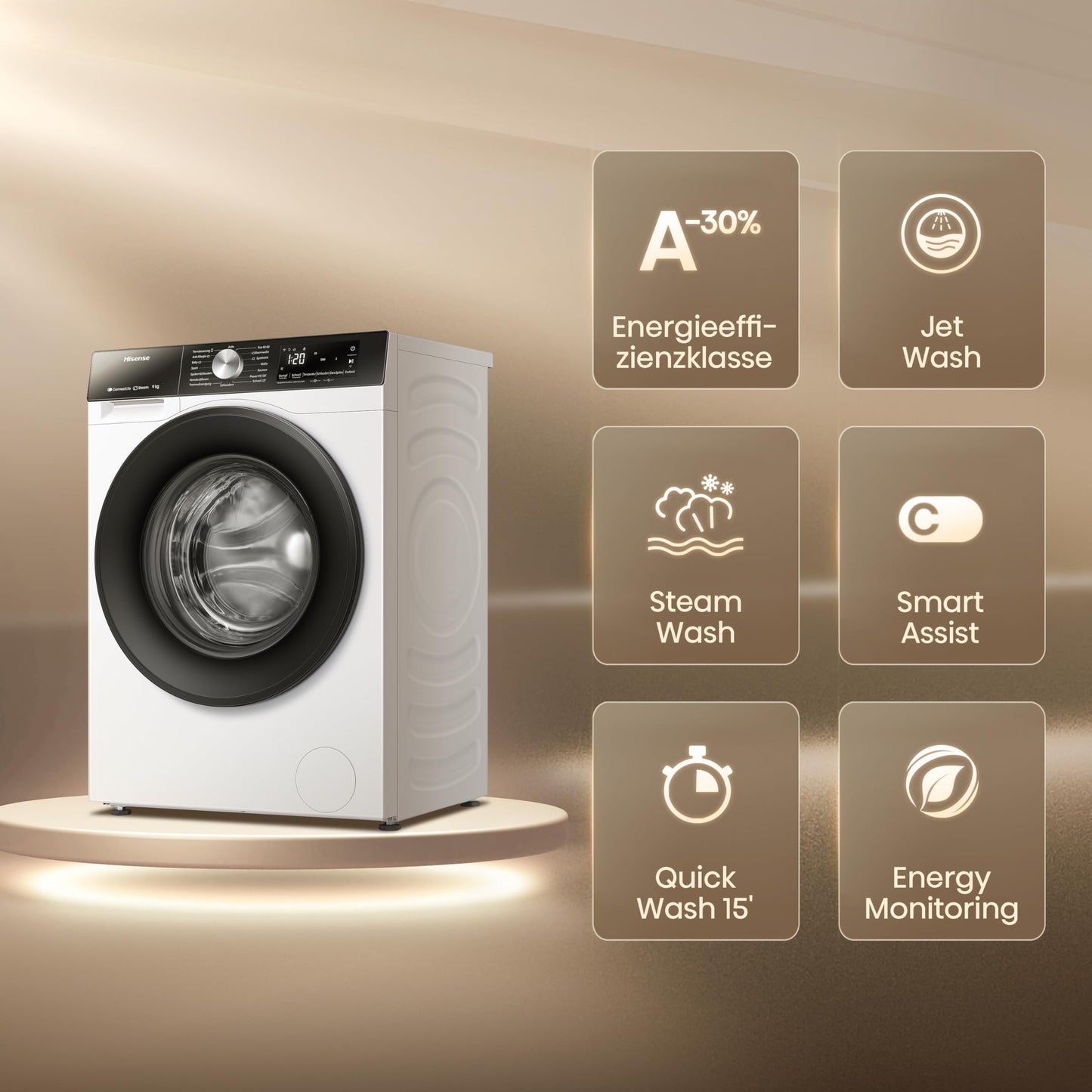 Hisense WF3S8043BB3 Waschmachine mit Dampffunkunktion, 8 kg, 1400 U,min, WIFI, ConnectLife, Power JetWash, Anti-Allergie Programm, Aqua Stop, Auto Wash, Quick Wash, EEK A-30 Prozent