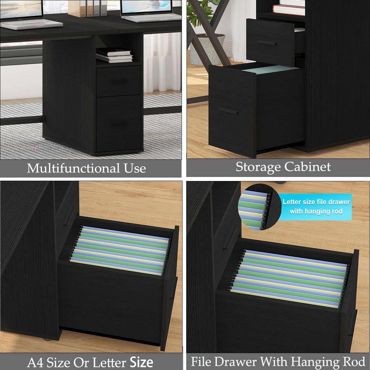 LVB Schwarz Large Double Industrial Computer-Schreibtisch mit Schubladen, Extra Lange Gaming-Tabelle mit Lagerung Schrank Regale, Holz-Metall-Computer-Schreibtisch