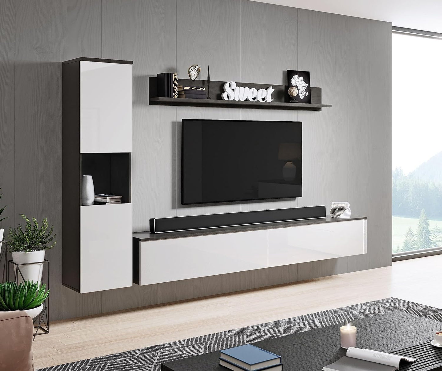 MINIO go for it - Parma XL Wall Unit, 4-Piece Set, with LED Lighting, Hanging or Standing, 2 x Highboard, Lowboard, Wall Board, Laminated Chipboard, Colour: Wotan Oak