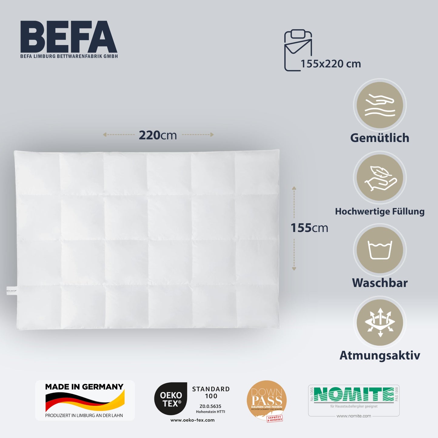 BEFA NATUR Down Duvet, Made in Germany, 135 x 200 cm, 90% Down and 10% Feathers, Summer Duvet, Suitable for Allergy Sufferers (Nomite), Oeko-Tex 100 Class 1 Certified, EN Standard 12934, Downpass
