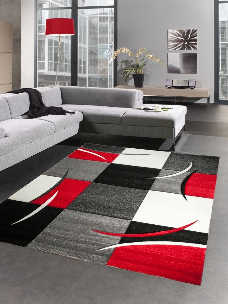 CARPETIA Modern Short Pile Living Room Rug Contour Cut Checked Abstract Grey Black White Turquoise Size 60 x 110 cm