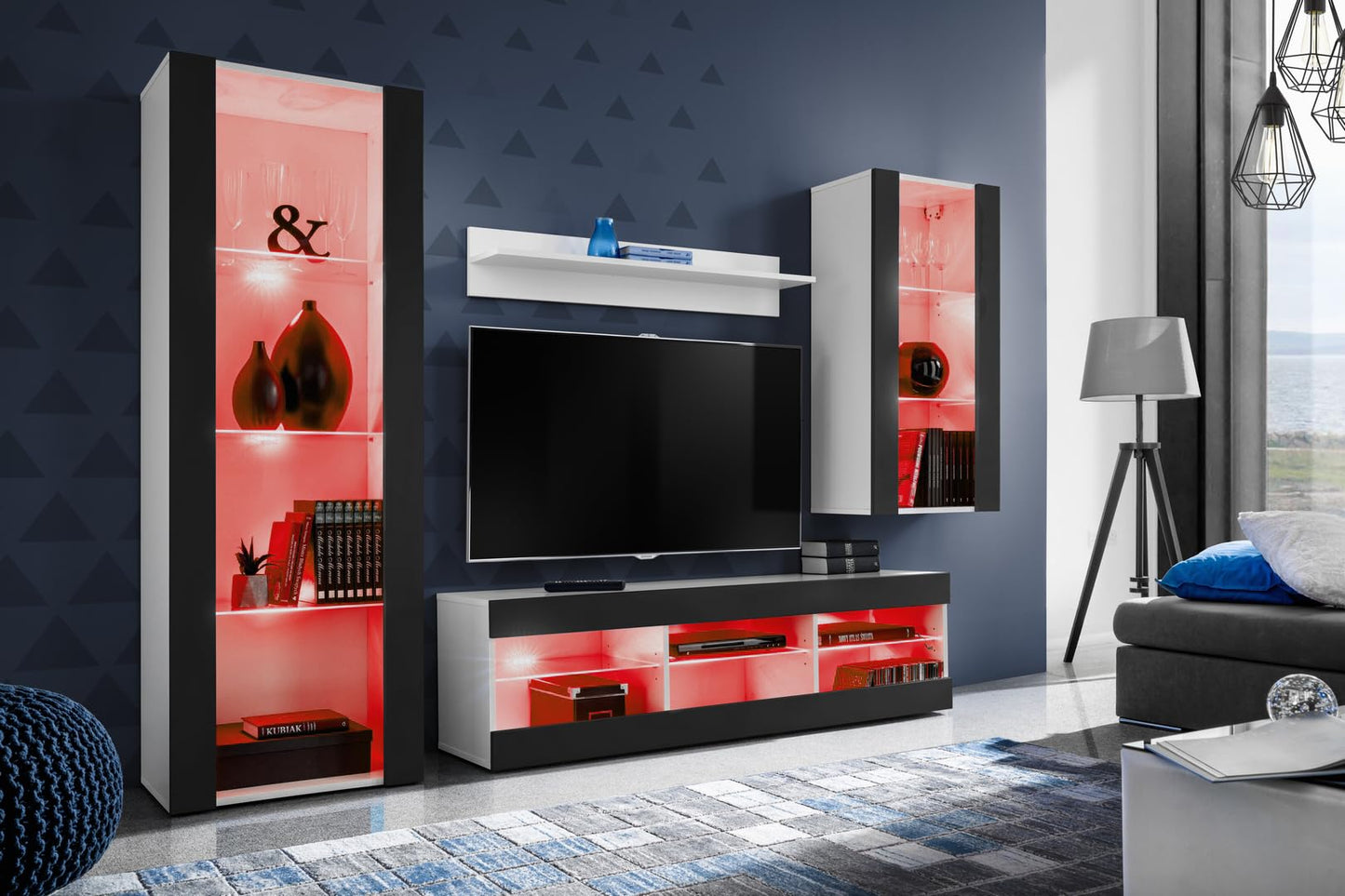 Komodee Tivoli Medio Wall Unit Living Room Set, Black/Black, Width 245 cm x Height 159 cm x Depth 35 cm, LED Blue, for Living Room, Bedroom