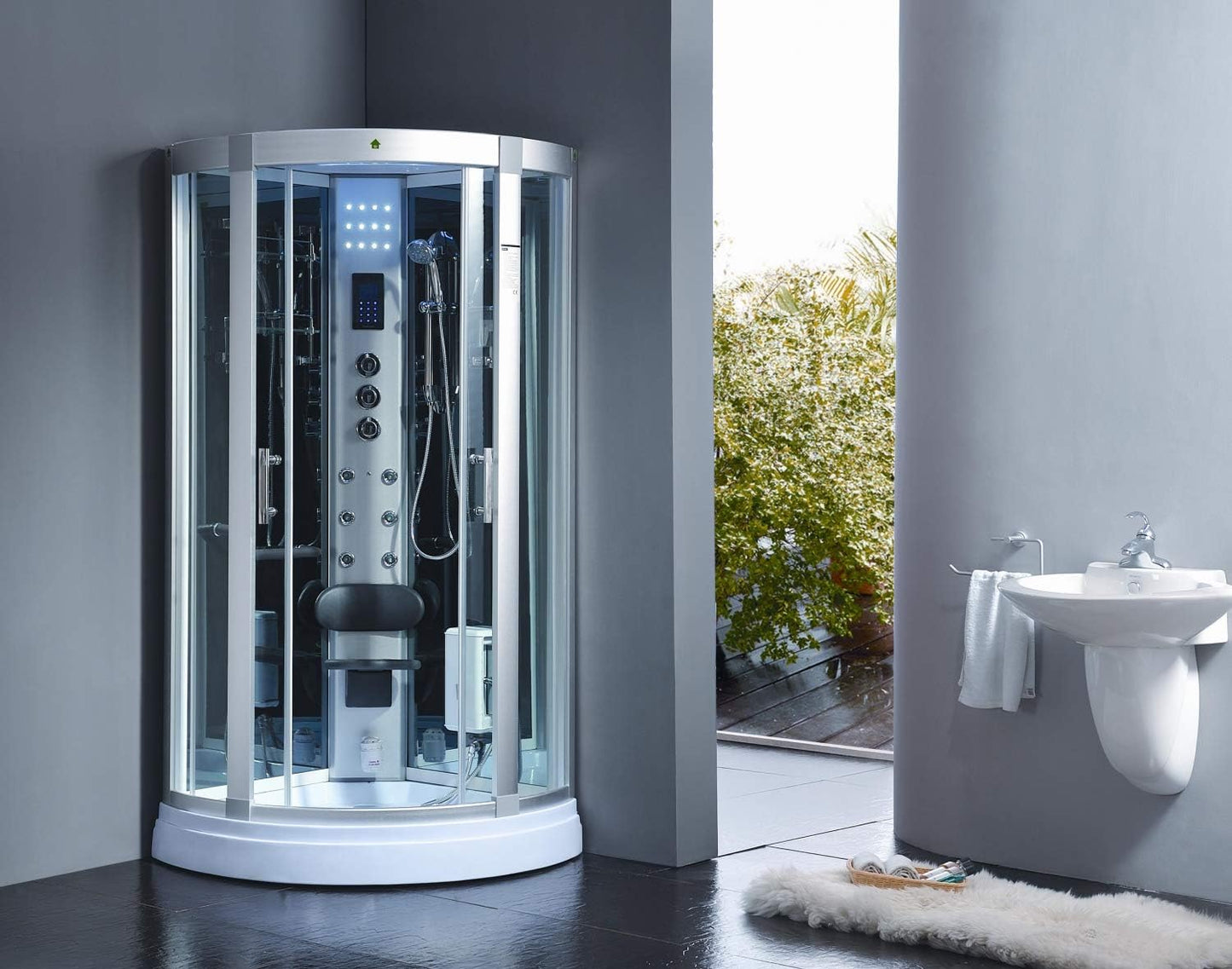 PureHaven Steam Shower 90 x 90 cm for 2 People with Tropical Shower LED Radio Massage Function Seat Rain Fall Shower Starry Sky Ozone Disinfection