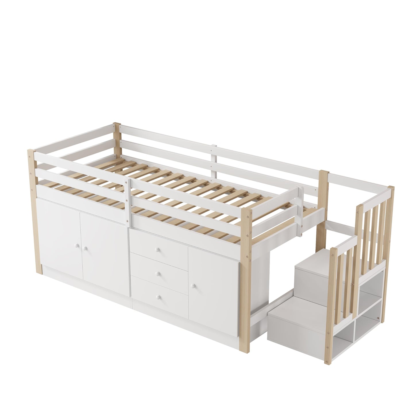 Merax Kinderbett 90x200 cm aus Holz, Multifunktionales Hochbett mit austauschbarer Treppe & Stauraum, Schubladen als Schreibtisch nutzbar, Weiß (Ohne Matratze)