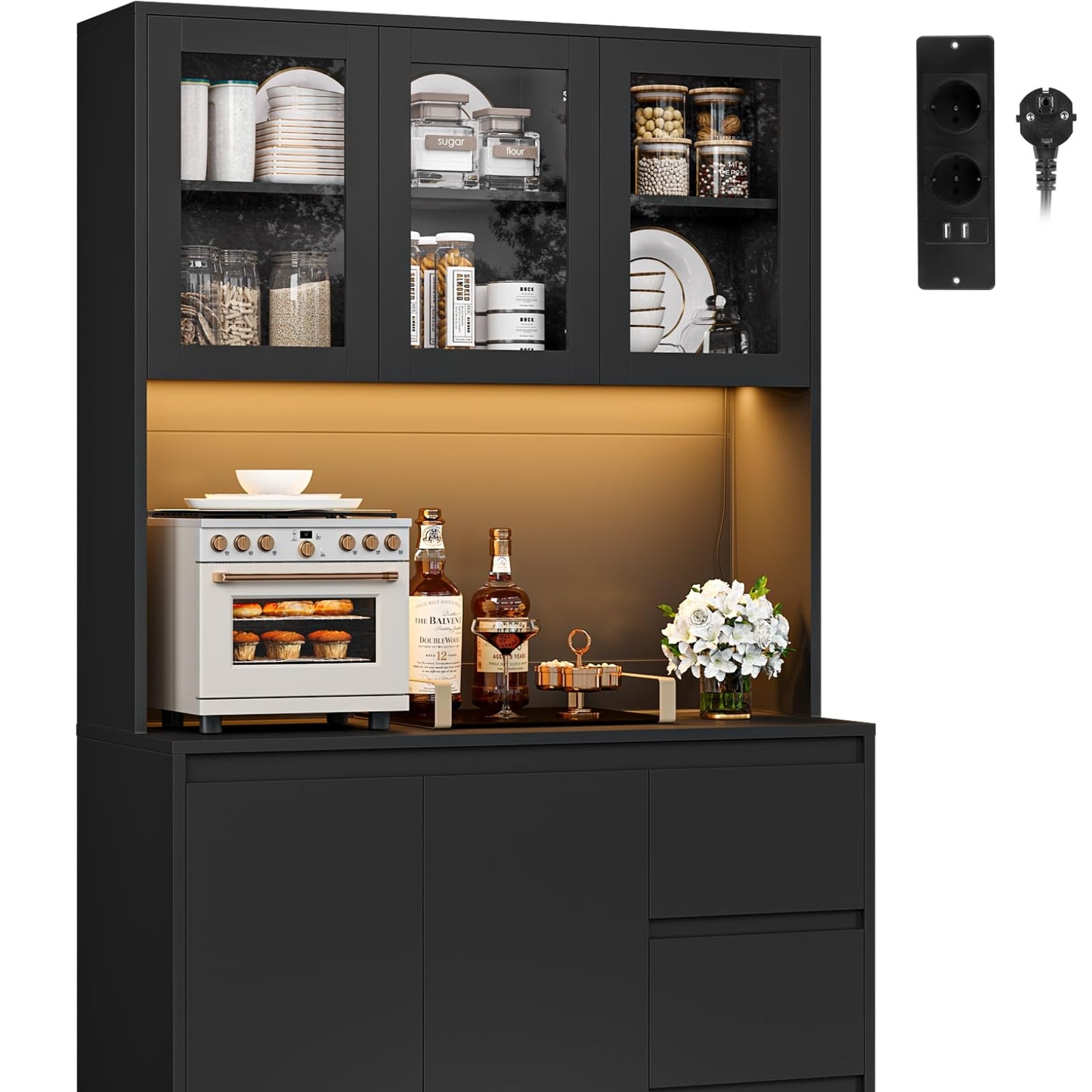 FirFurd Kitchen Cabinet Buffet Cabinet with LED Sideboard for Kitchen with Power Strip Kitchen Cabinet with Worktop and 3 Drawers Kitchen Buffet with Adjustable Shelf 180 x 100 x 38.5 cm (Black)