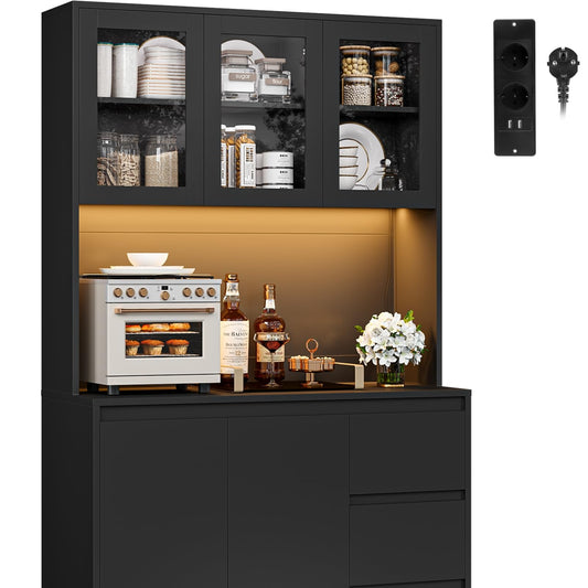 FirFurd Kitchen Cabinet Buffet Cabinet with LED Sideboard for Kitchen with Power Strip Kitchen Cabinet with Worktop and 3 Drawers Kitchen Buffet with Adjustable Shelf 180 x 100 x 38.5 cm (Black)