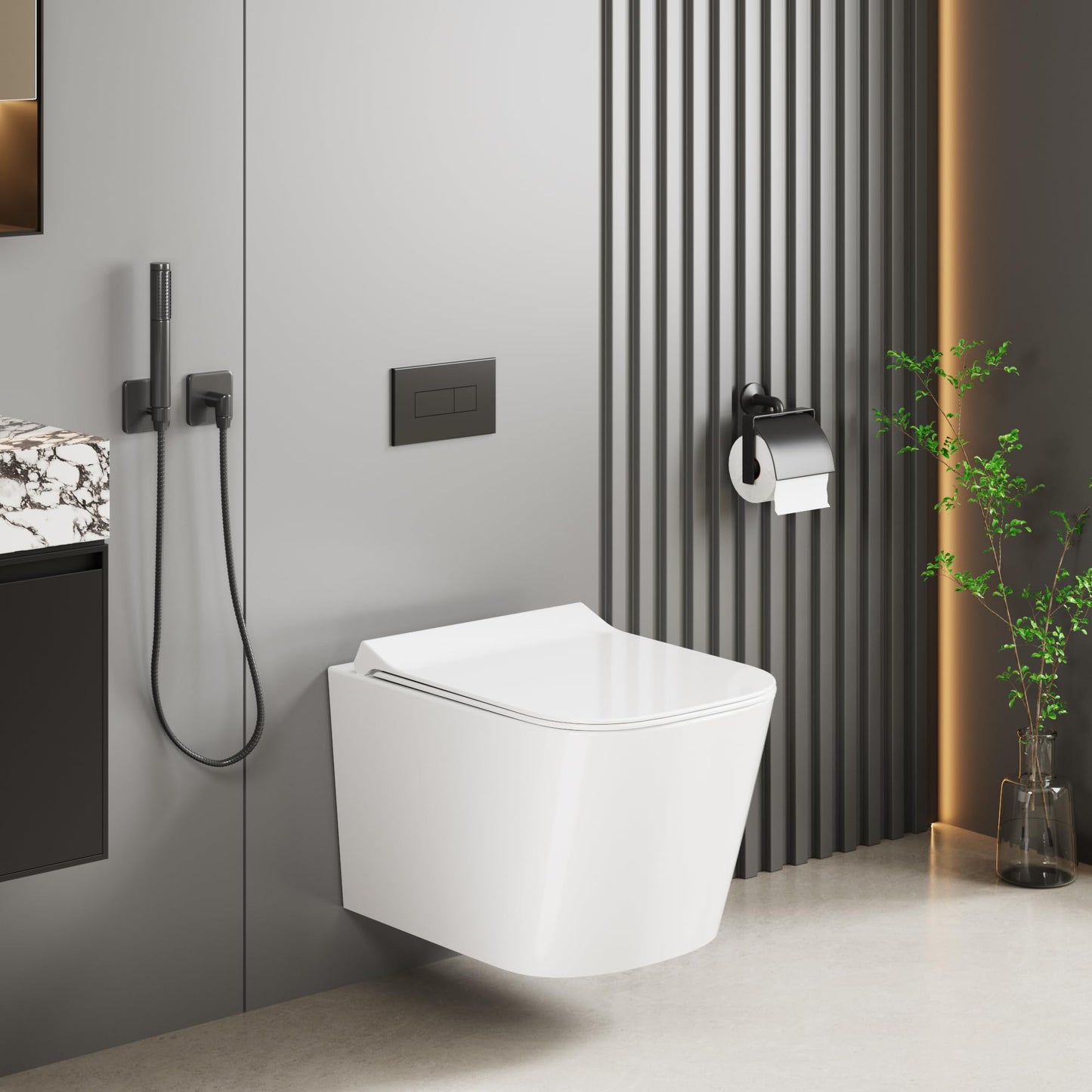 Hängend WC Spülrandlos Toilette, Wand-WC Set aus Keramik mit Toilettendeckel Abnehmbaren Absenkautomatik Effizienter Spültechnik Hängetoilette, D-Form,Lang 51cm, Weiß