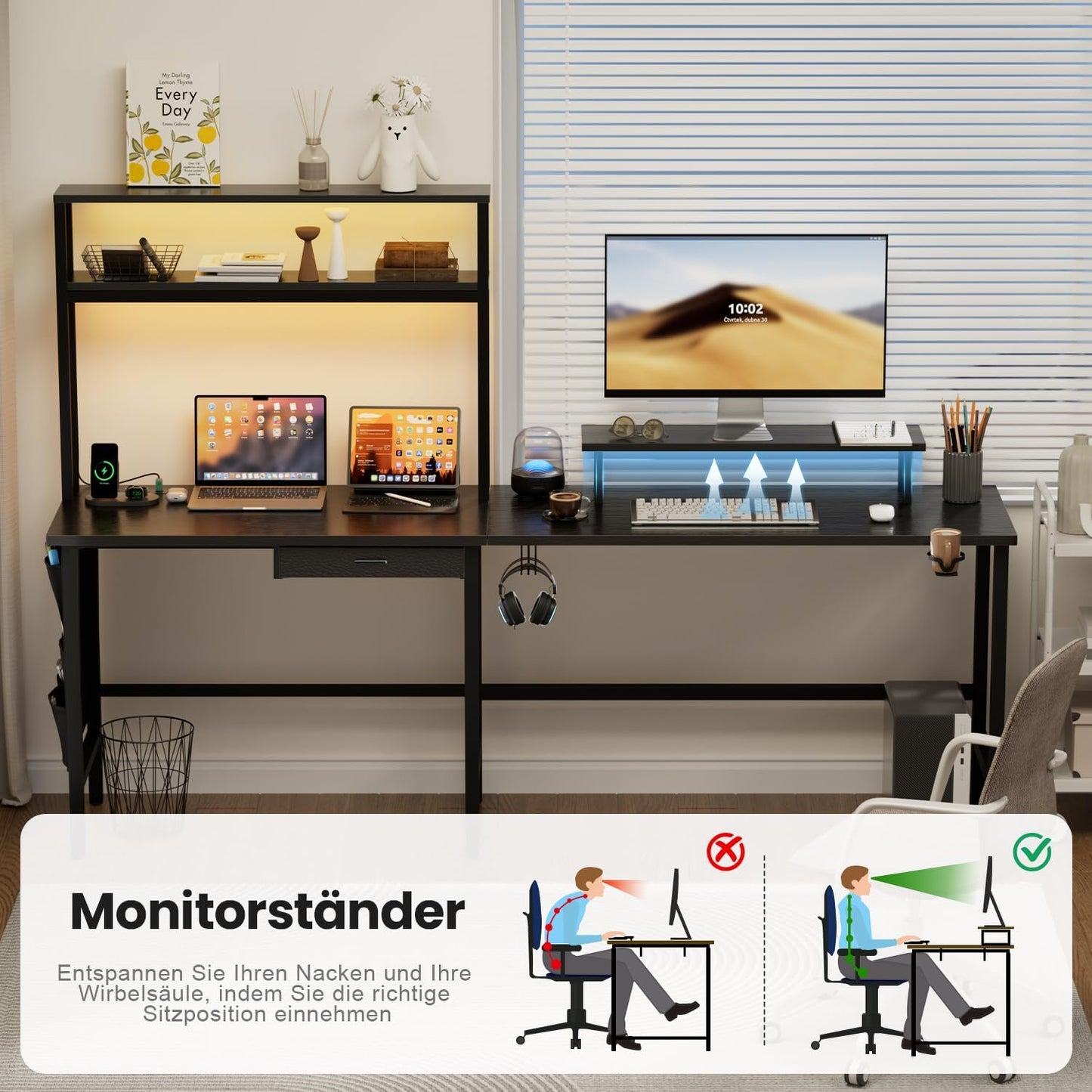 HLONONE Gaming Table with LED, 150 x 100 cm Gaming Desk, L Shape with 3 Sockets and 2 USB, Reversible Corner Desk, PC Corner Table, Computer Desk with Monitor Stand and Countertop Shelf, Black