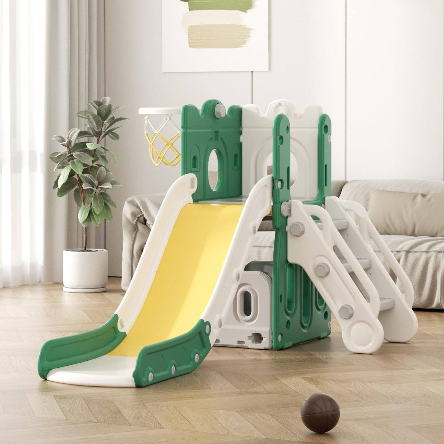 Rutsche mit Klettergerüst für Kinder: Indoor Spielplatz mit - Aufbewahrungsbox Tunnel Treppenleiter Basketballkorb und Durchgangsbereich Gartenrutsche (Star Set-G-Brown)