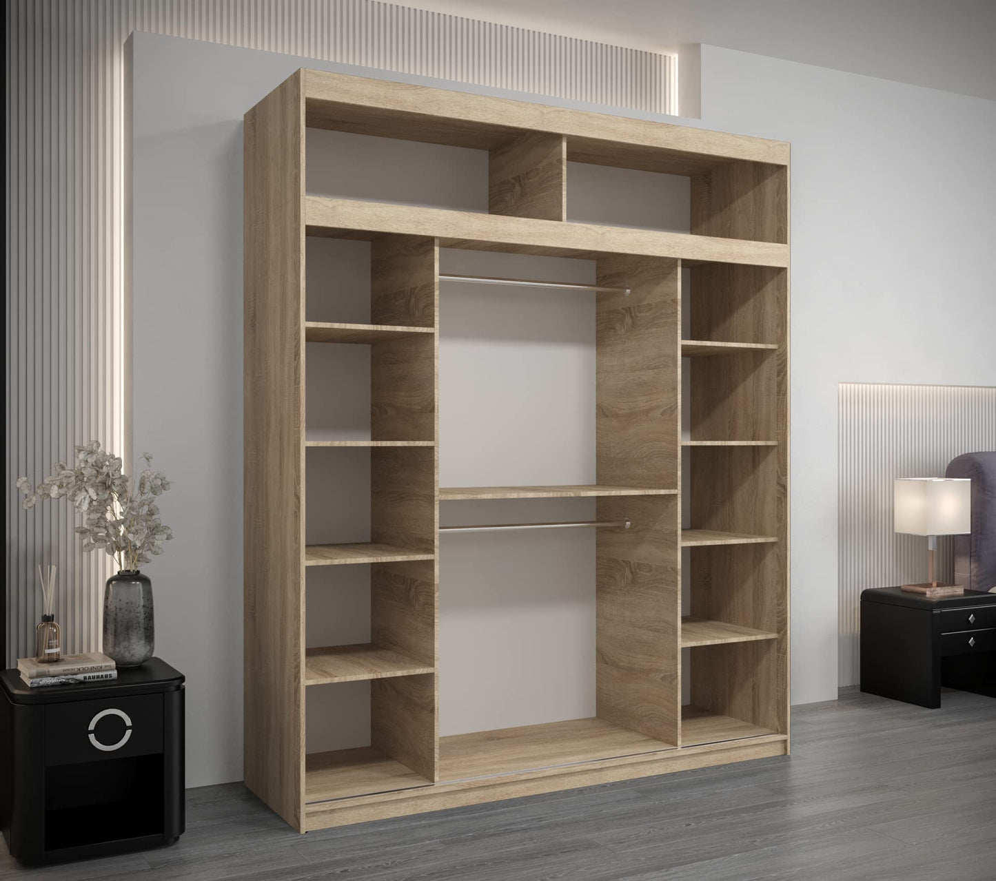 MEBLE KRYSPOL Verona 4 250 Bedroom Wardrobe Sliding Doors Cabinet with Mirror Wardrobe with Mirror Sliding Door Wardrobe Sliding Doors - 250 x 240 x 62 cm - Sonoma with Extension