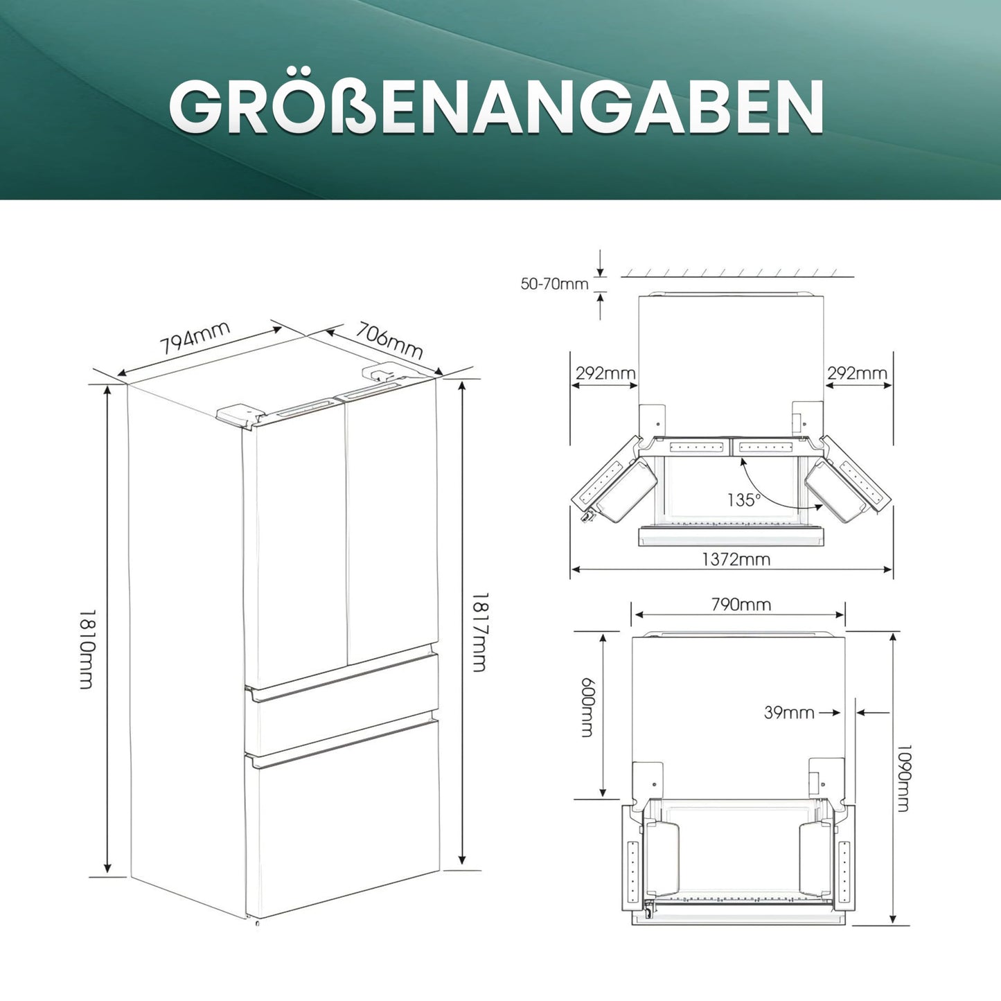 Hisense RF632N4WIE French Door Kühl-Gefrierkombination/ NoFrostPlus/ Inverter-Kompressor/ Wasserspender/ CrispZone/ 200 cm/ Kühlteil 336 l/ Gefrierteil 149 l/ 38 dB/ 295 kWh/ Jahr/ Inox-Look