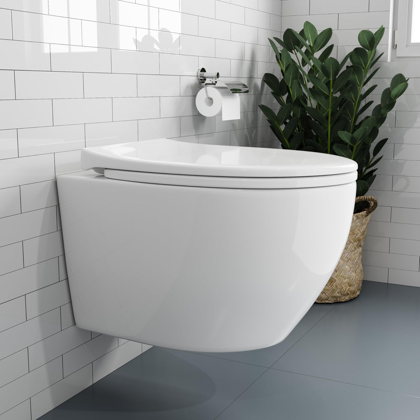 HOROW Wand WC Keramik Hänge WC Set Toiletten mit abnehmbaren Deckel sitz mit Absenkautomatik Hängetoilette, D-Form, kompakte Design Toilette Gästebad