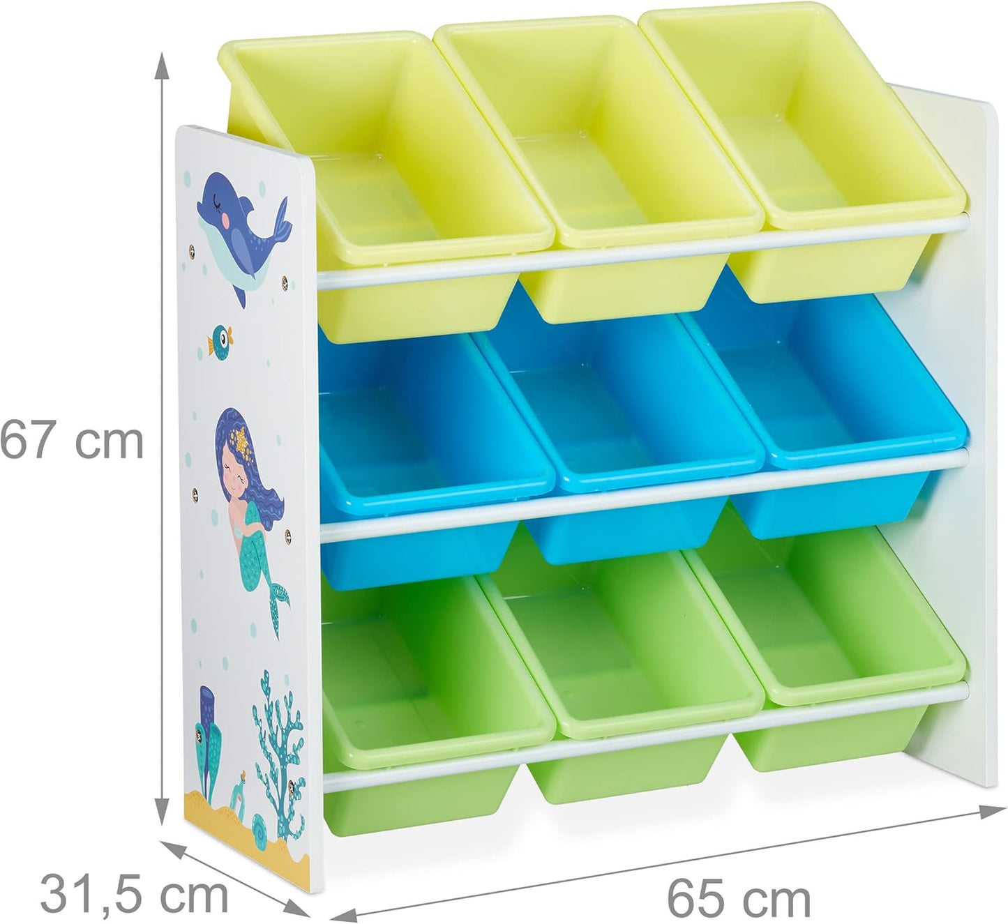 Relaxdays Children's Shelf, 9 Storage Boxes, Mermaid Motif, MDF, Plastic, Toy Shelf, Height 67 x 65 x 31.5 cm, Colourful
