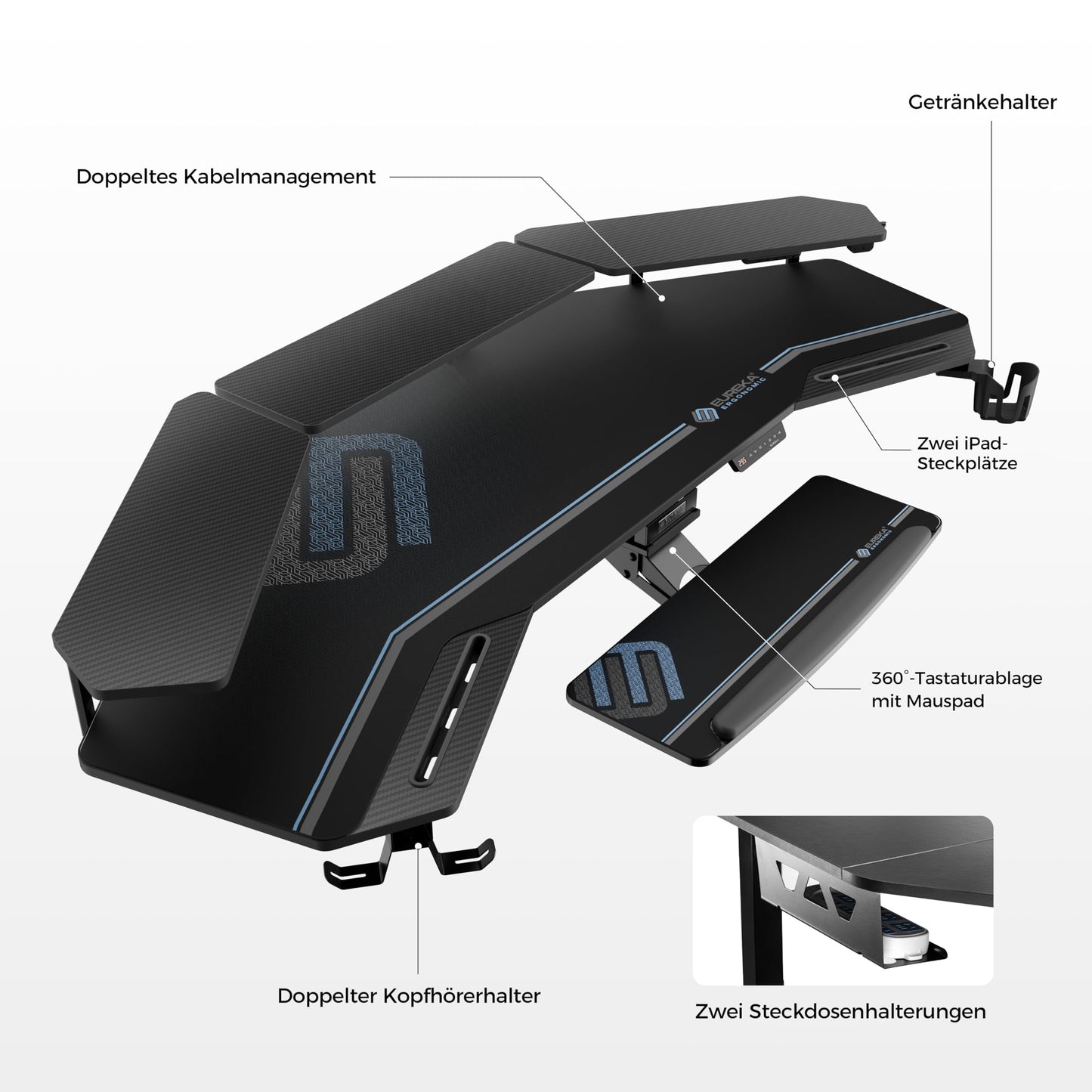 EUREKA ERGONOMIC Height Adjustable Desk 182 x 76 cm Standing Desk in Wing Shape Gaming Table Height Adjustable Electric Large Gaming Desk with LED Monitor Stand and Keyboard Shelf