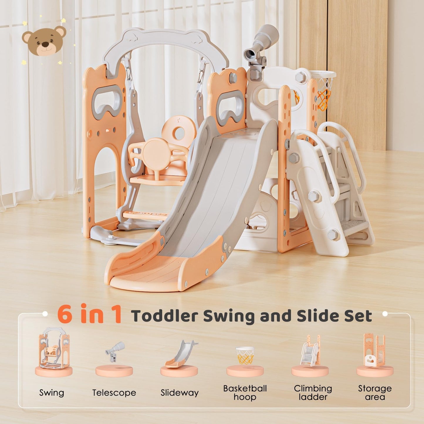 Krovtoy Kleinkindrutsche mit Weihnachtselch-Motiv, freistehende Kleinkindrutsche mit Golf-Set, Babyrutsche, Spielplatzgerät, für den Innen- und Außenbereich (Grau Beige - 6 in 1)