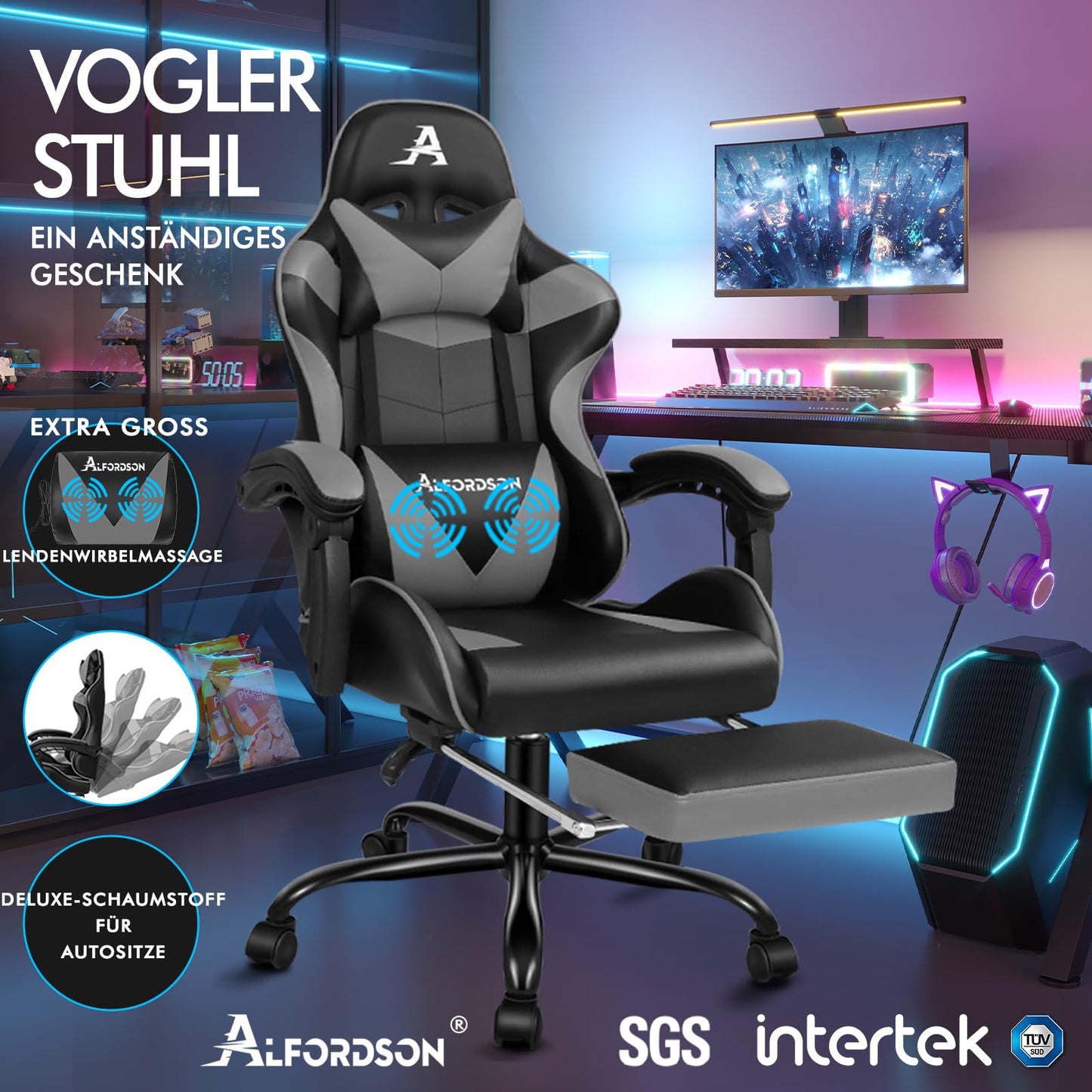 ALFORDSON Videospielstuhl, ergonomischer Bürostuhl, Massage-Rennstuhl, einziehbare Fußstütze, PU-Leder, höhenverstellbar und neigbar, 180 kg Tragkraft, Schwarz