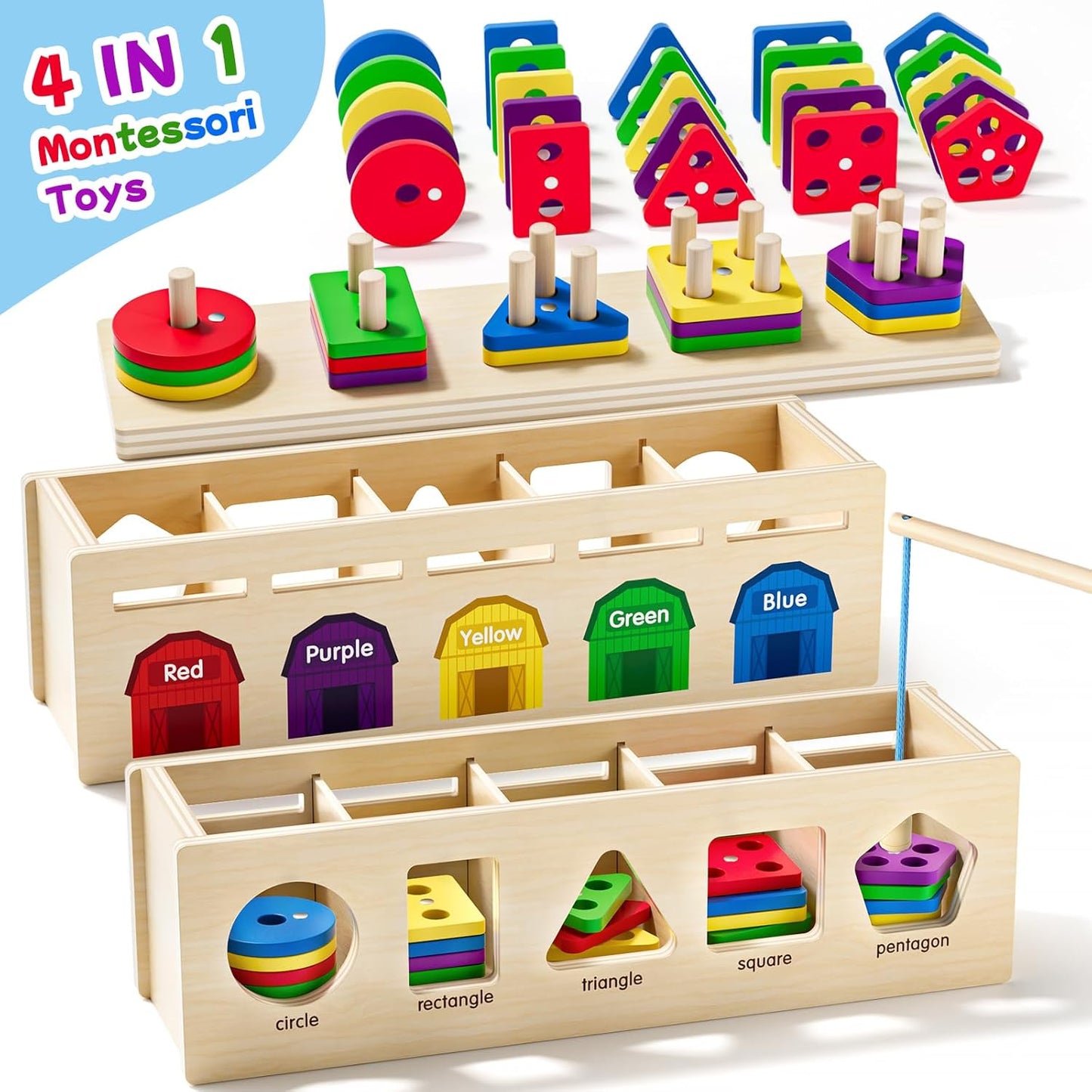 UMEREACT 4 in 1 Shape Sorter, Sorting and Stacking, Wooden Montessori Toy, 12 Months Old Baby Boys and Girls, Colour Matching, Counting and Fishing Game for 1, 2 and 3 Year Old Gifts