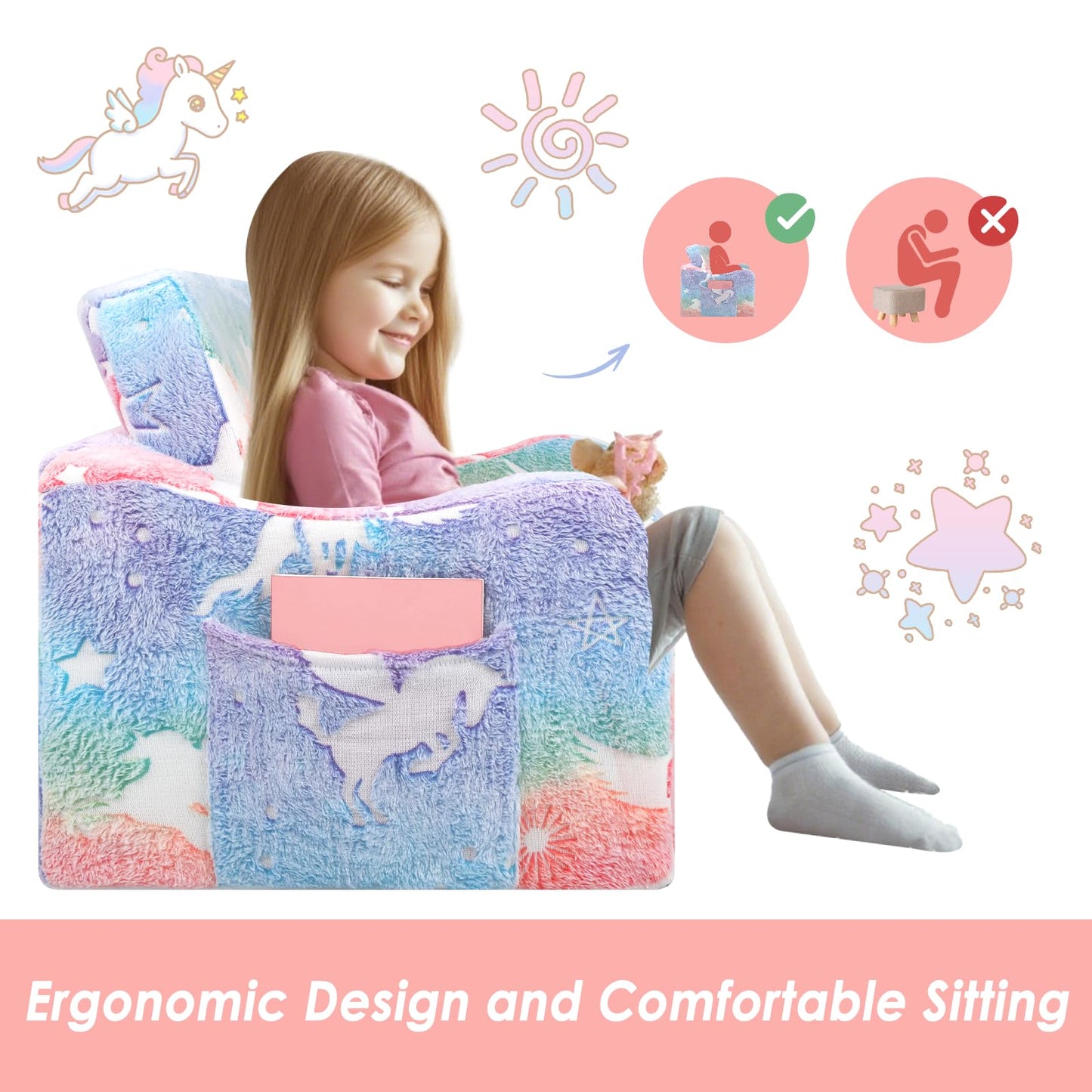 Children's Sofa Fold-Out 2-in-1, Extra Large Children's Sofa Glows in the Dark with Sleep Function, Children's Chair for Children's Room, Playroom, Astronauts