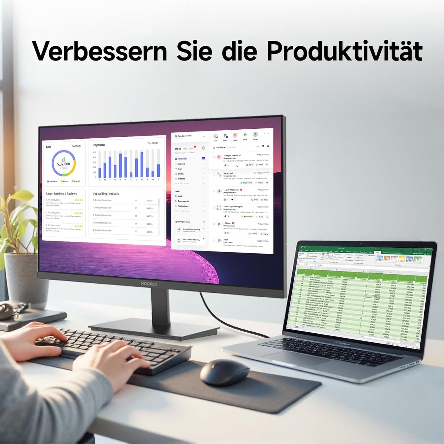 KOORUI E2411F 23.8 Inch Screen, Full HD Monitor 1920 x 1080, 100 Hz PC Monitor, IPS Eye Care, HDMI & VGA, VESA 100 x 100 mm