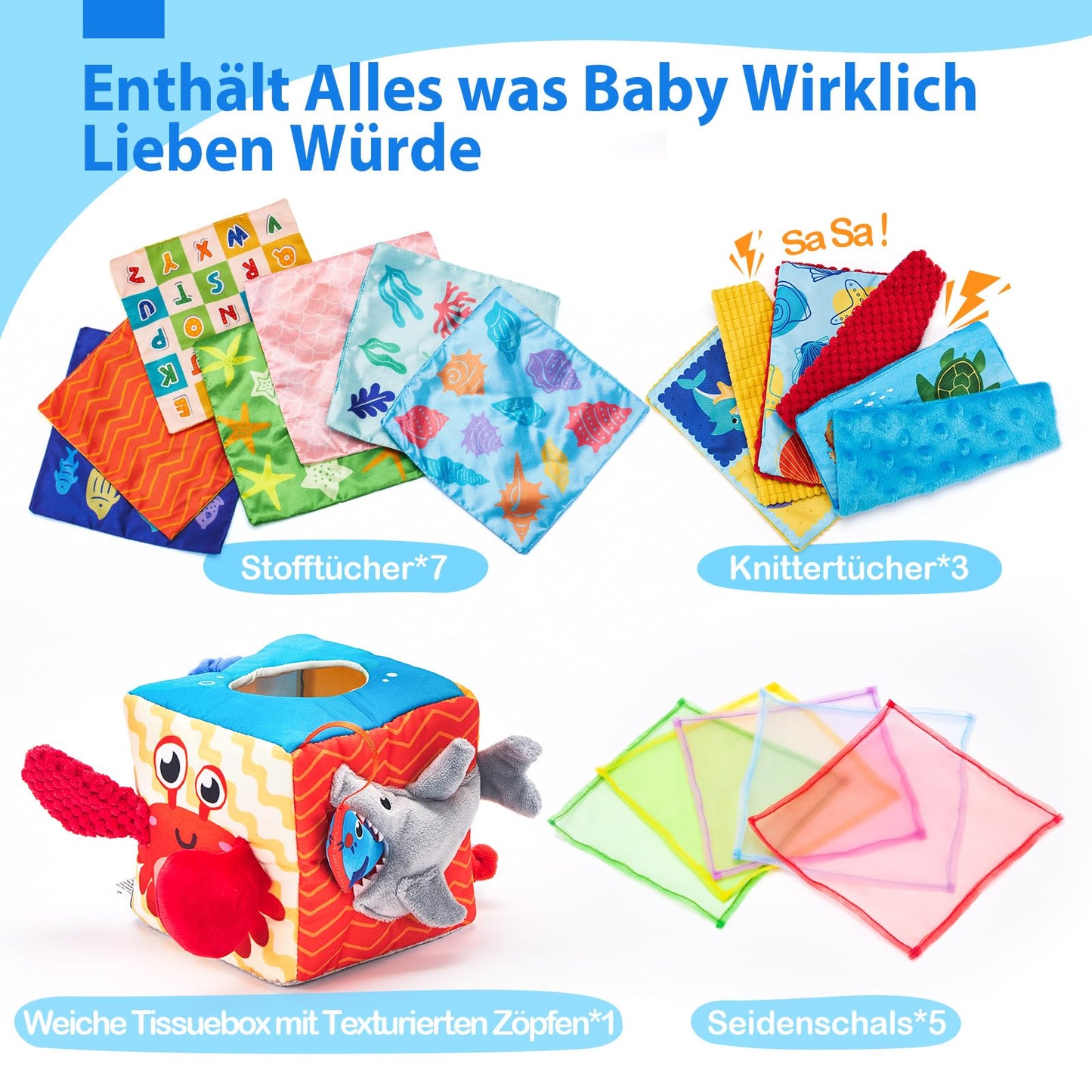 hahaland Baby Spielzeug 6 12 Monate Tissue Box, Montessori Toy Sensorik motorik Spielzeug, Stofftücher Kontrastreiche Farben Lernen Sensorische Spielzeug für Jungen Mädchen Geschenke