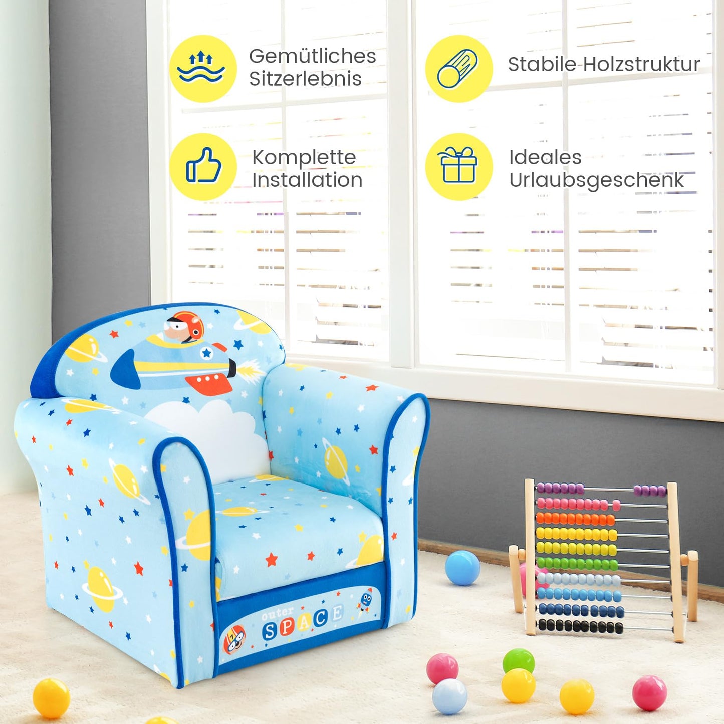 COSTWAY Children's Armchair Children's Sofa Children's Couch Baby Chair for Girls and Boys Children's Furniture Children's Chair Foam (Spaceship)