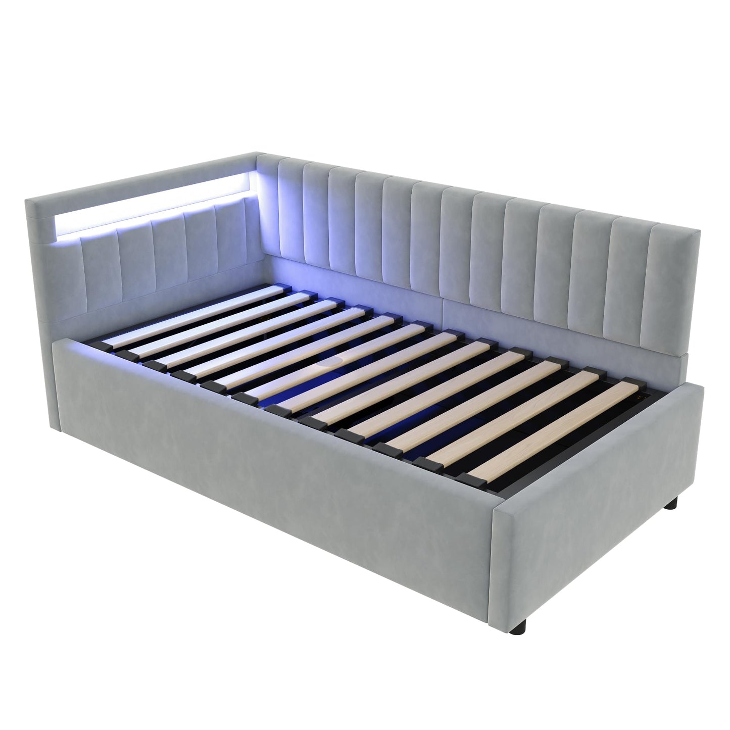 KEYIDE Upholstered Sofa Bed, 140 x 200 cm with LED Lighting and USB Charging, Bed Frame with Wooden Slatted Frame, Day Bed, Guest Bed, Youth Bed, Velvet Fabric, Without Mattress (Grey, 140 x 200)