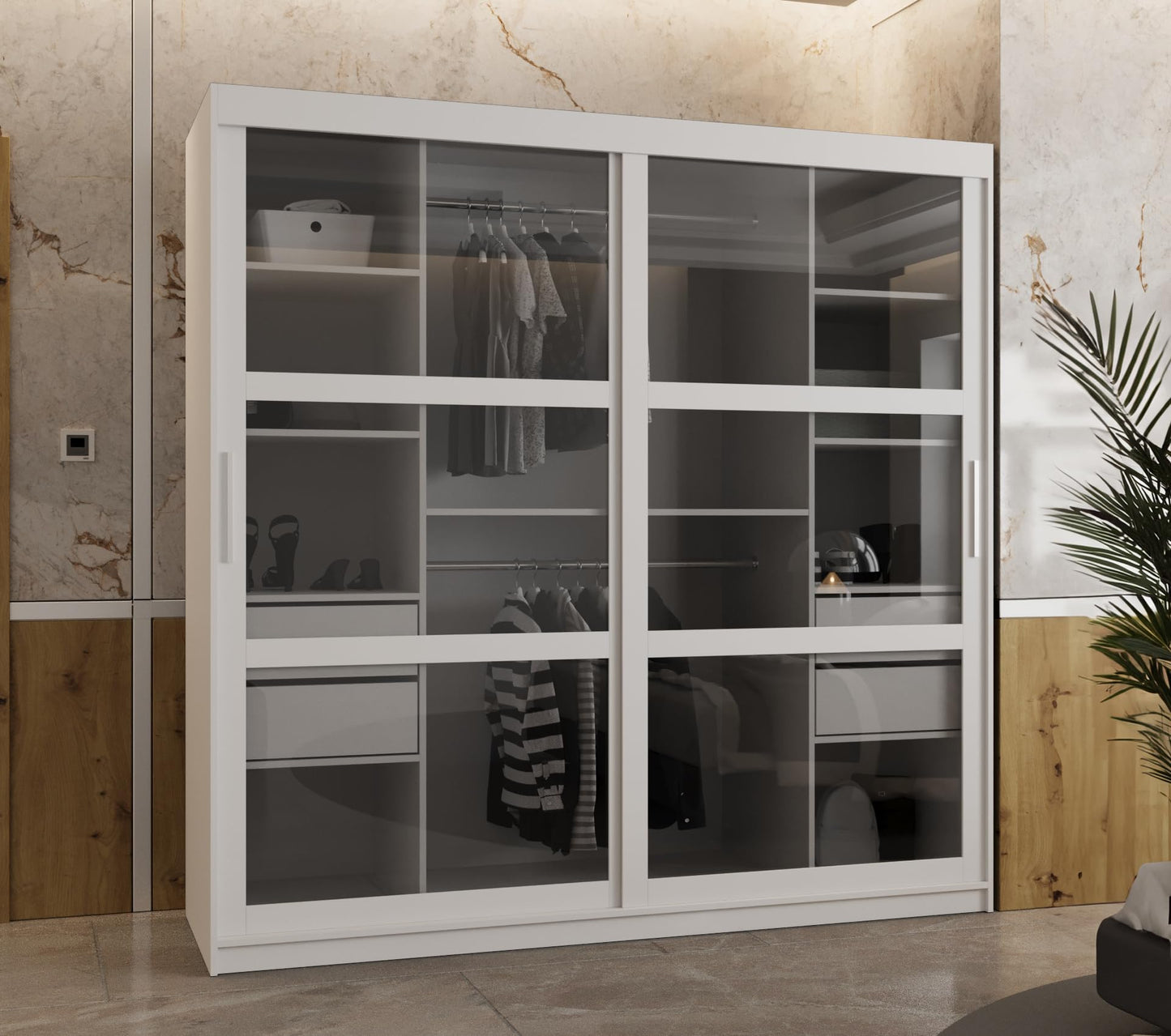 MEBLE KRYSPOL Dome 2 Schrank mit DREI Schiebetüren mit Spiegel, Stangen und Regalen - Aufbewahrungsschrank mit Rauchglas für Schlafzimmer, Wohnzimmer - 200x250x62cm - Schwarz, Schwarz, Schwarz