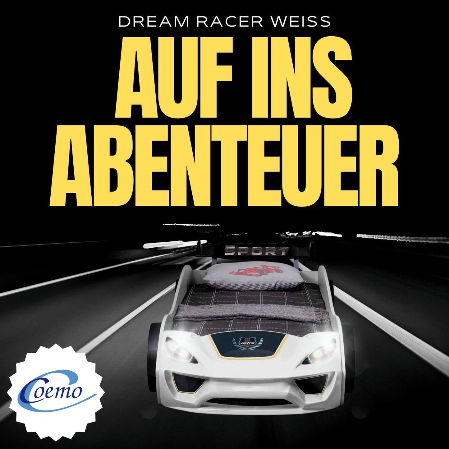 Coemo Dream Racer Children's Car Bed 90 x 200 cm in Racing Car Design with LED Lighting and Slatted Frame for Boys and Girls - Beds Colour White - Racing Bed