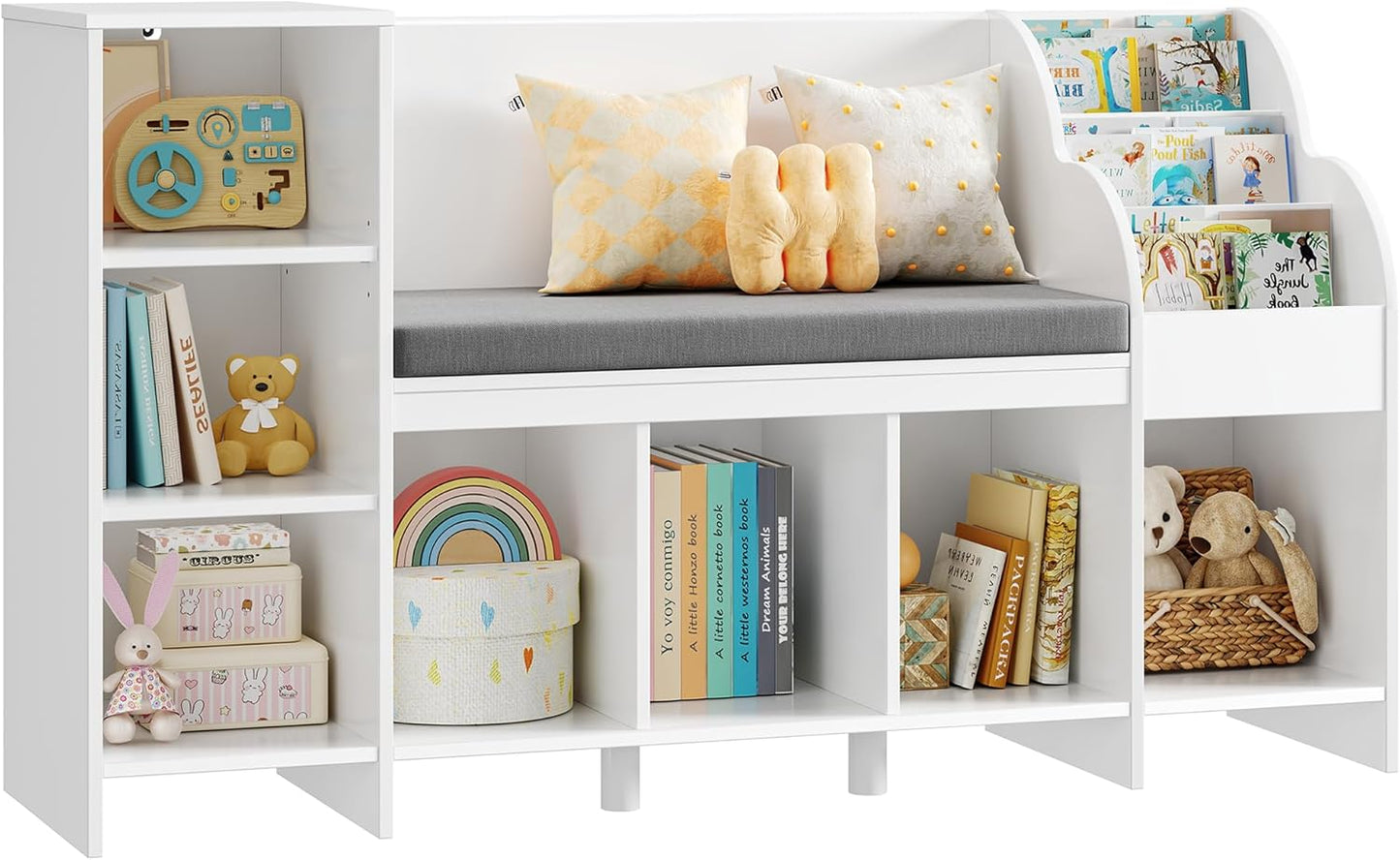 HOCSOK Kinderregal, 138.5 cm Bücherregal Kinder mit Kissen und 7 Ablagefächern, Spielzeugregal Aufbewahrung für Kinderzimmer, Spielzimmer, Kindergärten, Weiß, 80×40×138.5cm