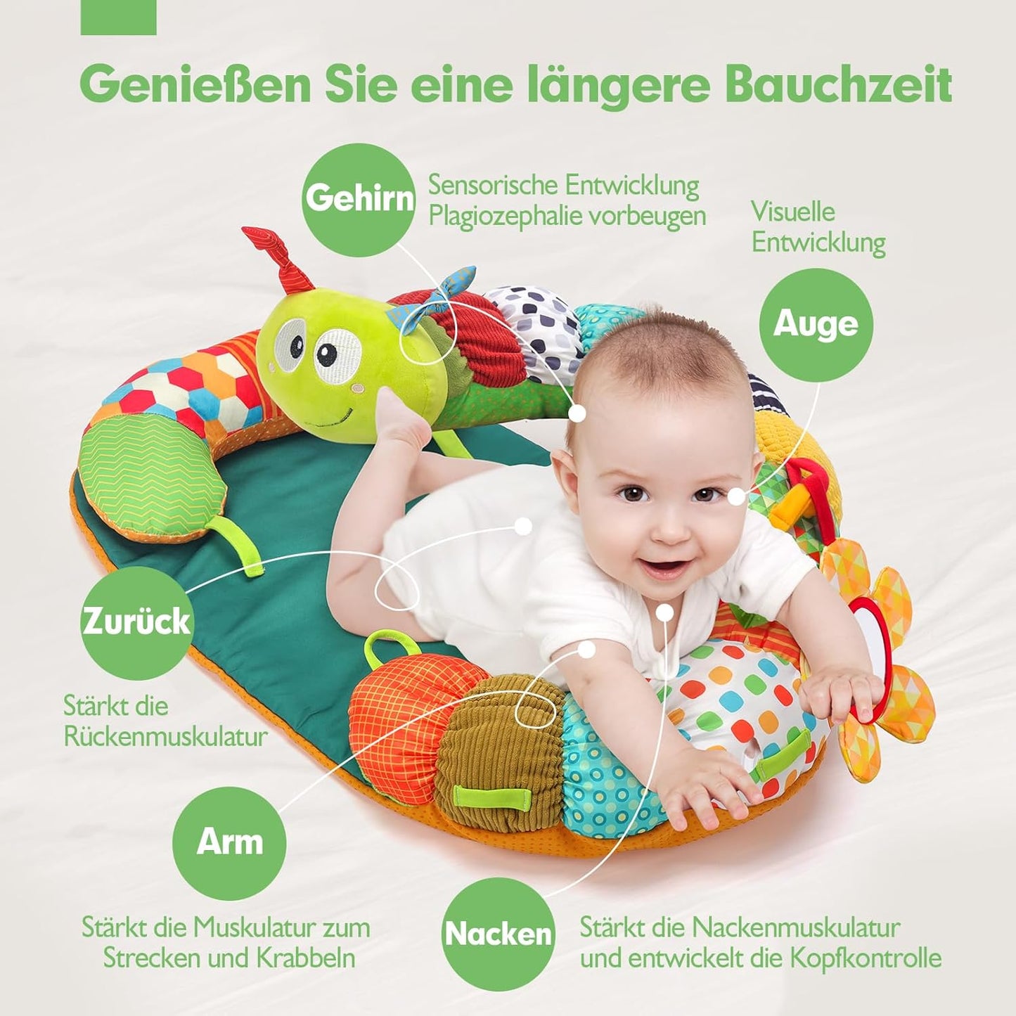 hahaland Baby Toy 3 6 9 12 Months, 3-in-1 Removable Caterpillar for Baby Prone Position Help Sit Support, Tummy Time Toys Play Cushion with Rattle, Teething Ring, Mirror for Baby Toys from 0-6-12