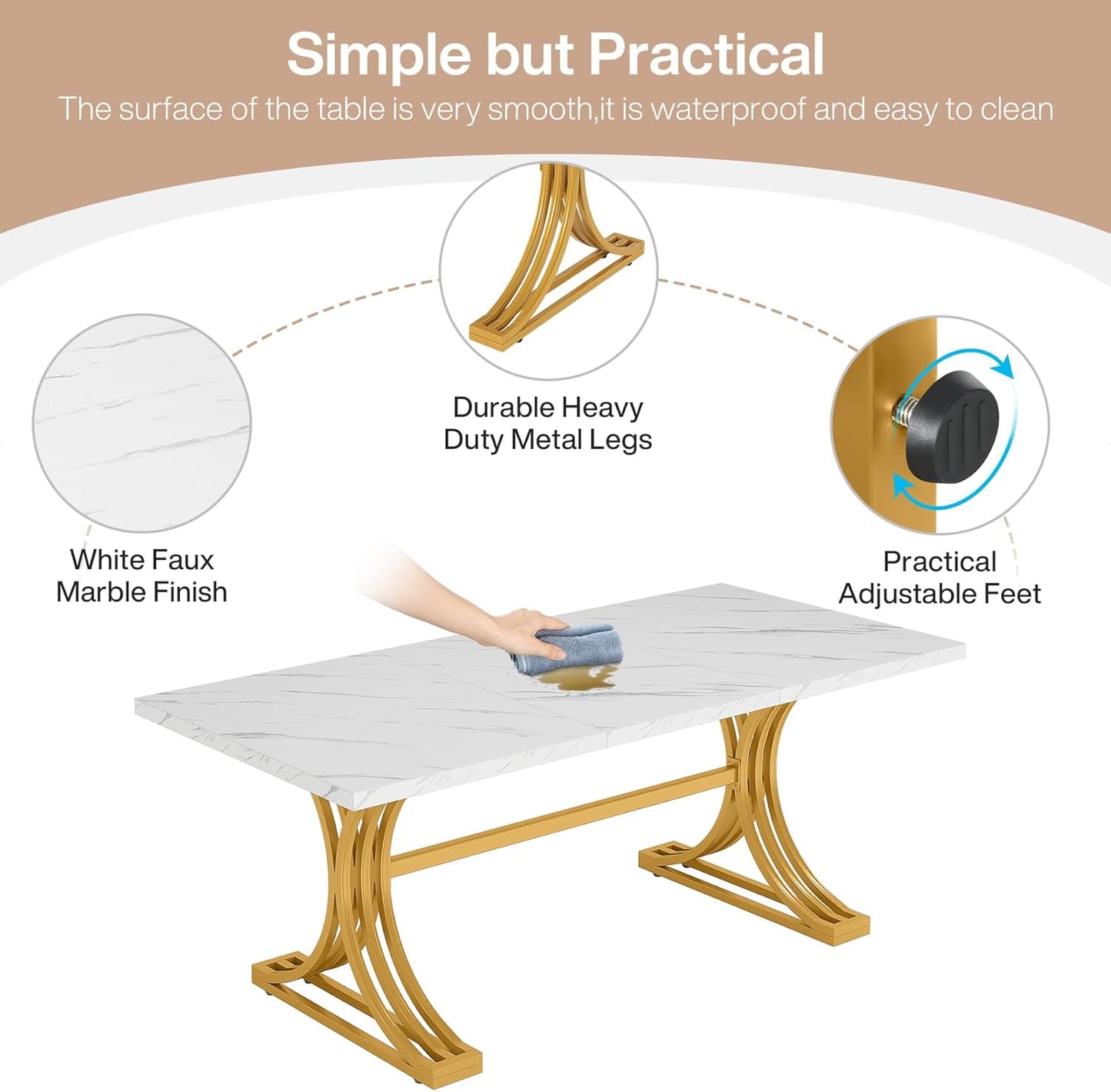 Tribesigns Dining Table for 4 to 6 People 160 x 80 cm Modern Kitchen Table with Faux Marble Top and Stylish Metal Legs, Large Dining Tables for Dining Room, Kitchen, White and Gold