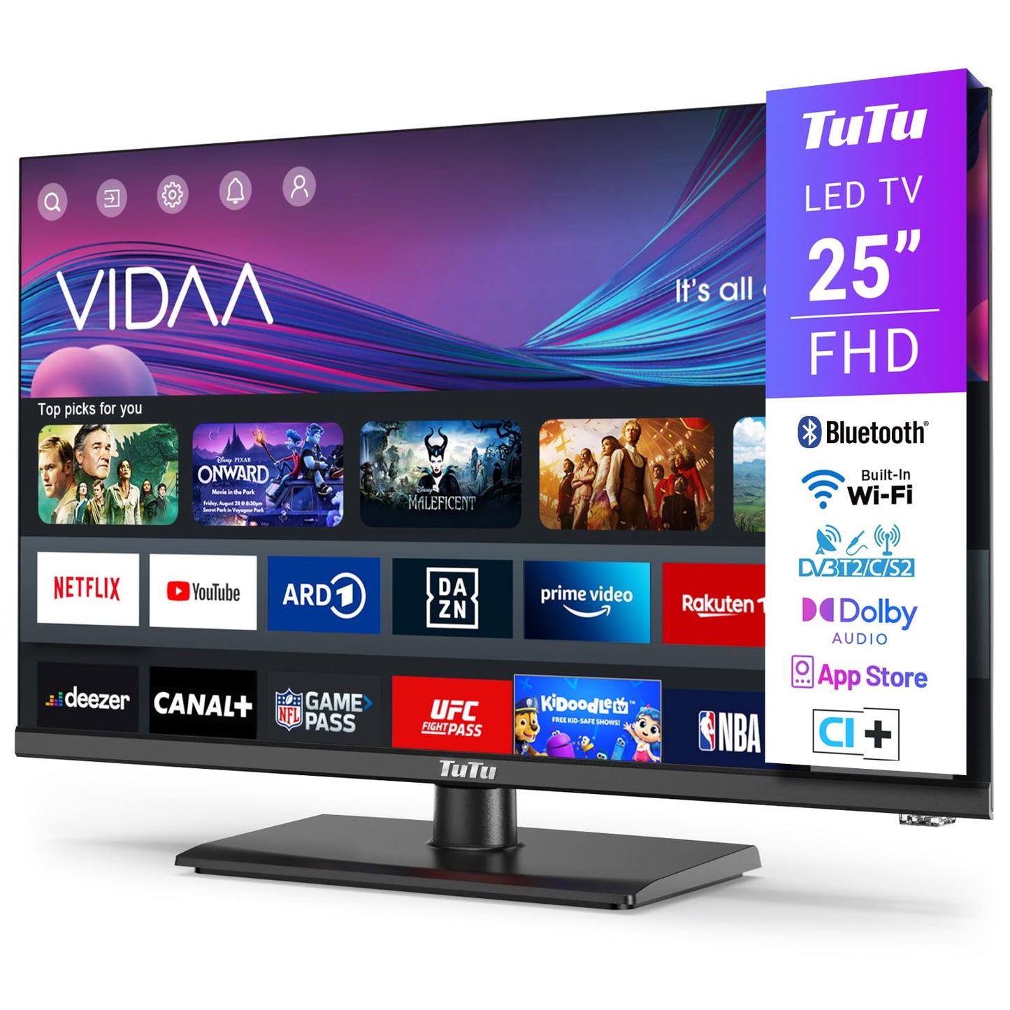 TuTu Smart TV 25 Zoll (64 cm) Full HD VIDAA Fernseher mit WLAN Triple Tuner (DVB-T/T2, DVB-C, DVB-S/S2) APP Store HDMI USB (TUV25FQ1B, 2024)
