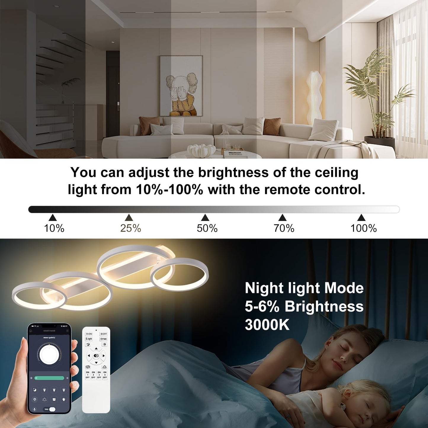 LED Ceiling Lamp, Dimmable Ceiling Light with Remote Control App, Adjustable Ring Shape Living Room Lamp 4 Bulbs Chandelier Lamp, 48 W 3000-6500 K Ceiling Lighting for Bedroom Living Room, Black, 86