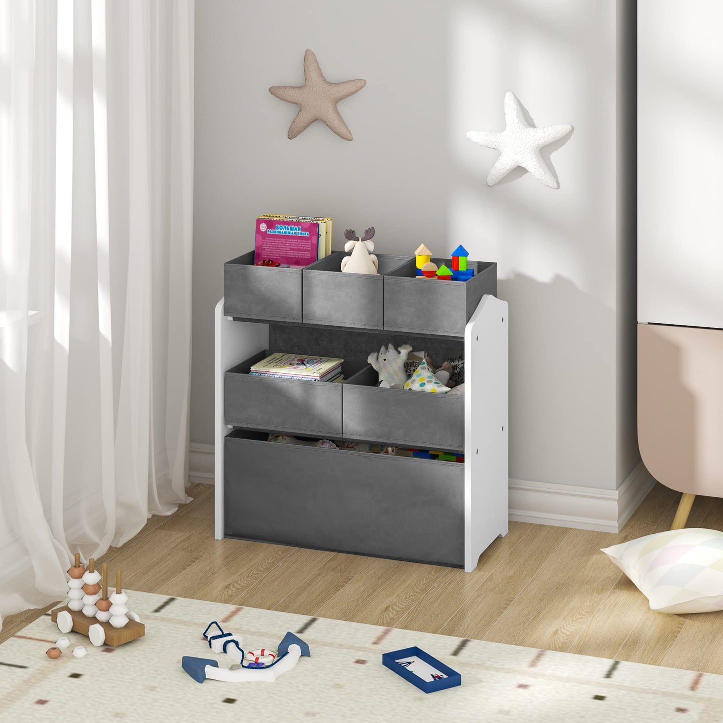 Lestarain Kinderregal mit 9 Aufbewahrungsboxen, Spielzeugregal, Regal Kinderzimmer Spielzimmer, Kinderregal, 63x60x30 cm, Weiß