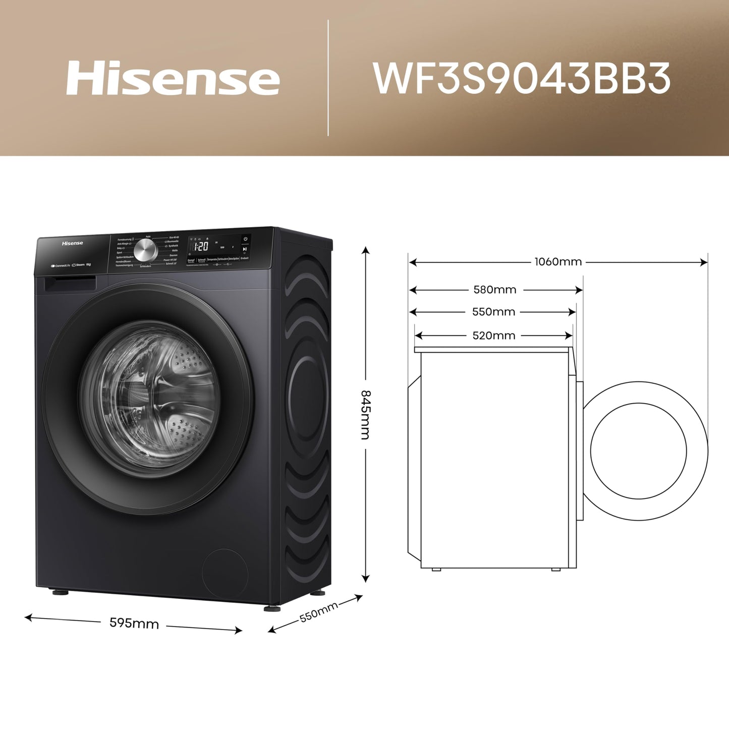 Hisense WF3S8043BB3 Waschmachine mit Dampffunkunktion, 8 kg, 1400 U,min, WIFI, ConnectLife, Power JetWash, Anti-Allergie Programm, Aqua Stop, Auto Wash, Quick Wash, EEK A-30 Prozent