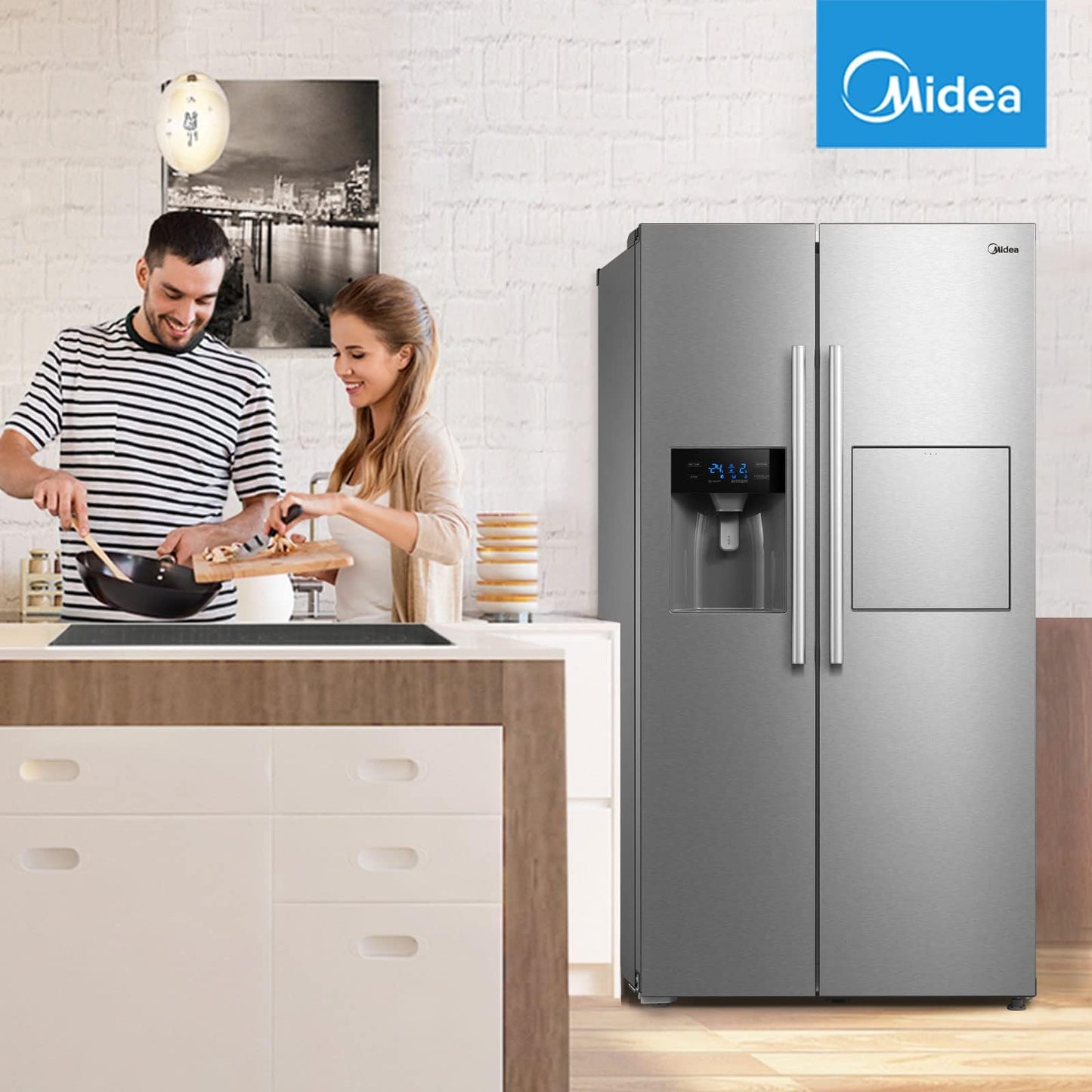 Midea KS-DDX 6.32 WT Side-by-Side Kühl-/Gefrierkombination/ 178,8 cm Höhe/ 254 kWh/Jahr/No Frost/Dual Inverter Compressor/mit 3in1 Wasser-/Eisspender und Wassertank, Dark Inox